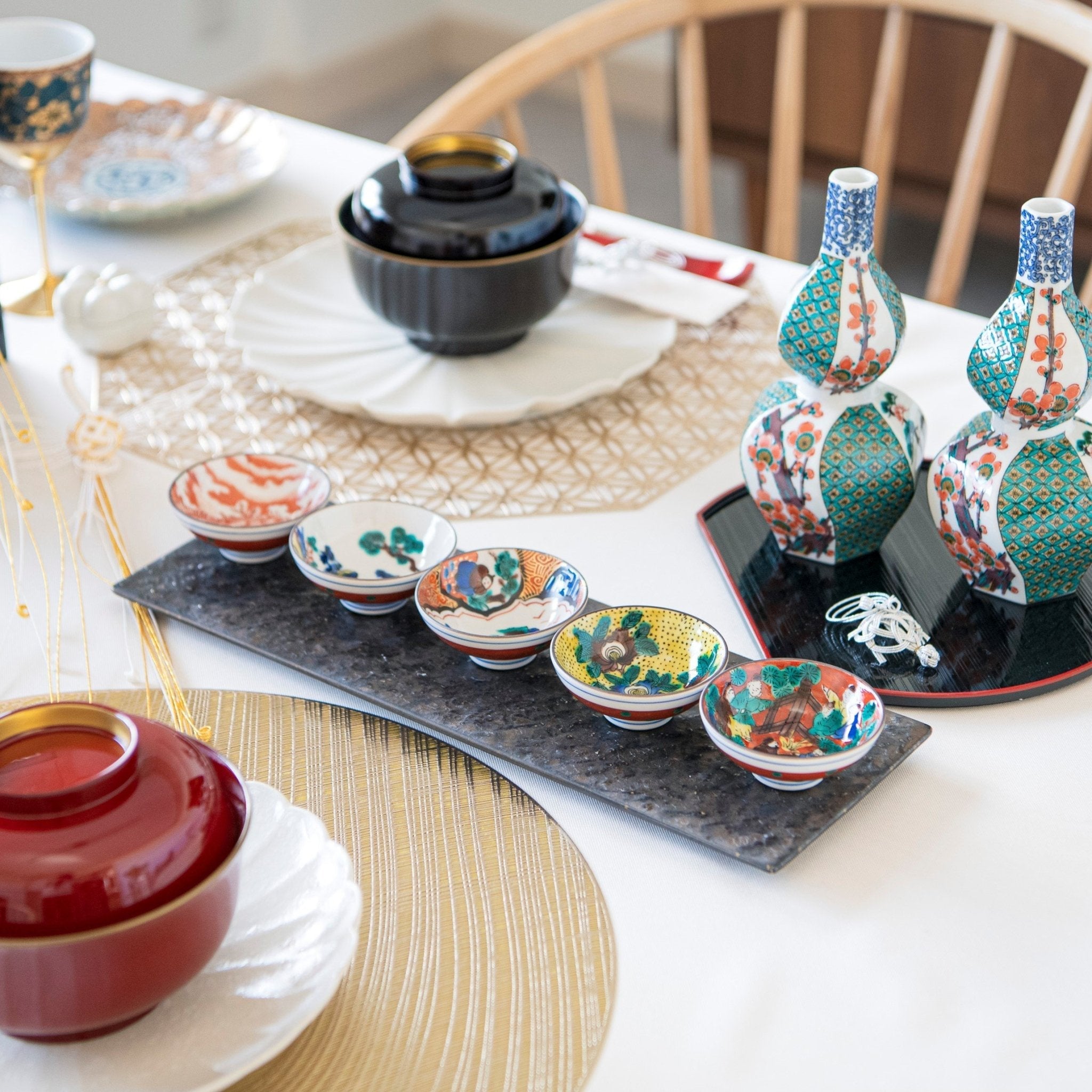 Jidai Kutani Sakazuki Sake Cup Set of 5 with Wooden Box - MUSUBI KILN - Quality Japanese Tableware and Gift