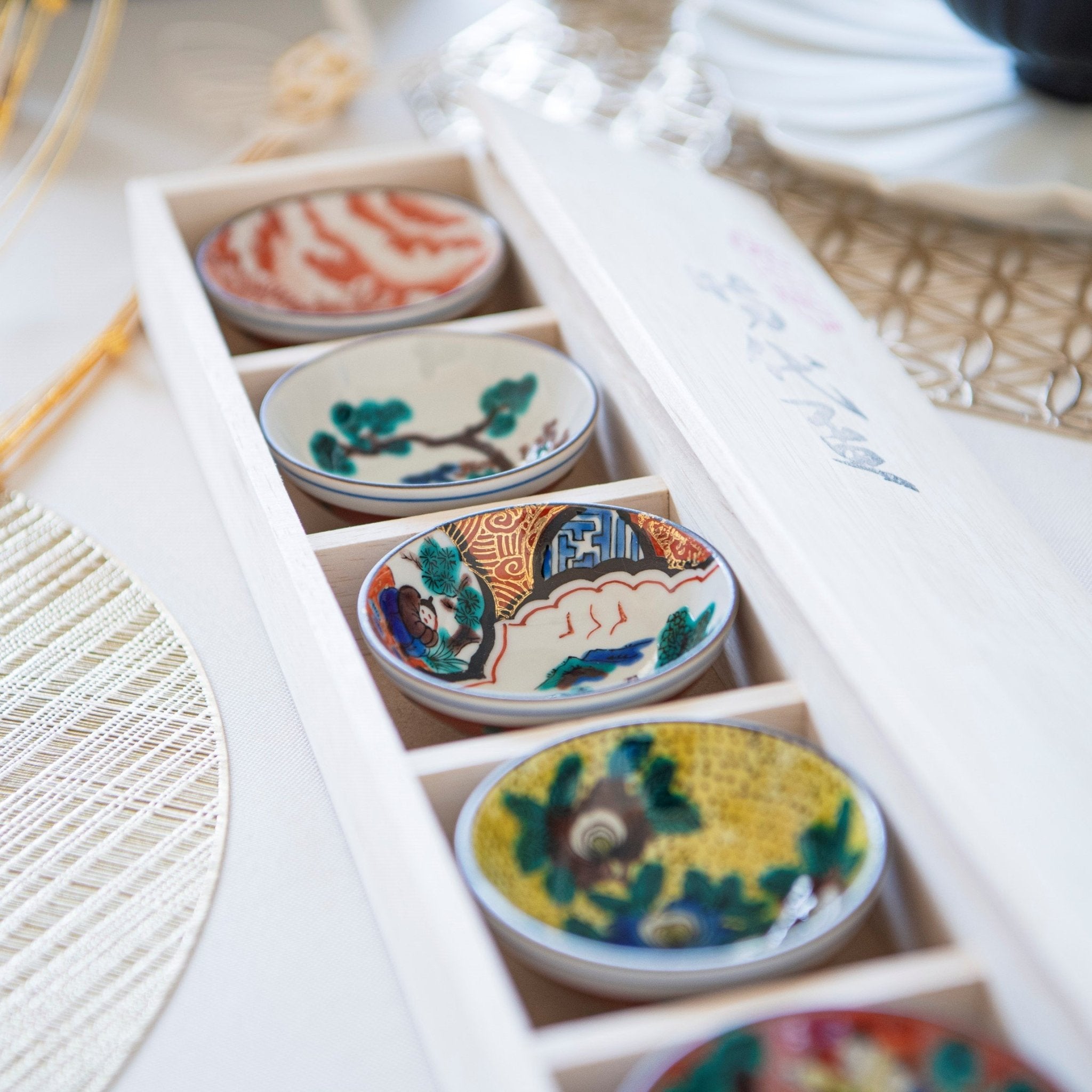 Jidai Kutani Sakazuki Sake Cup Set of 5 with Wooden Box - MUSUBI KILN - Quality Japanese Tableware and Gift