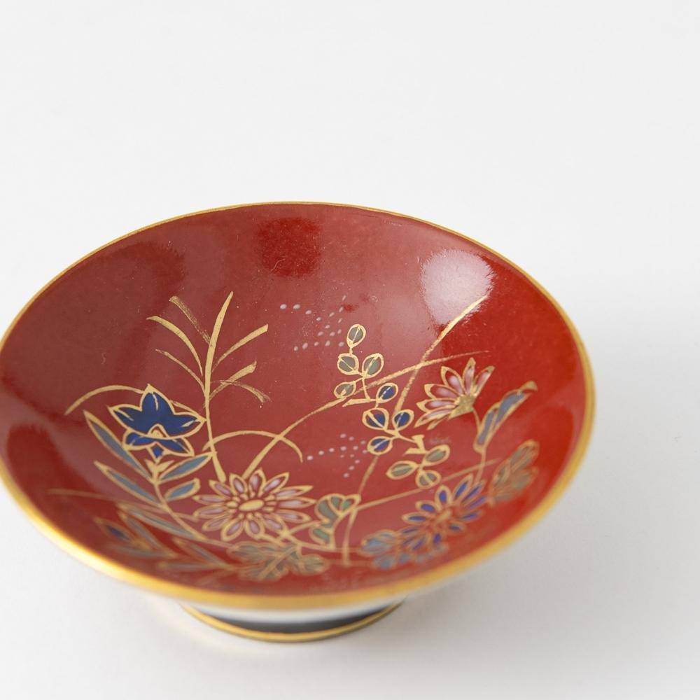 Kinzan Kiln Red Shugu Kutani Sakazuki Flat Sake Cup - MUSUBI KILN - Quality Japanese Tableware and Gift