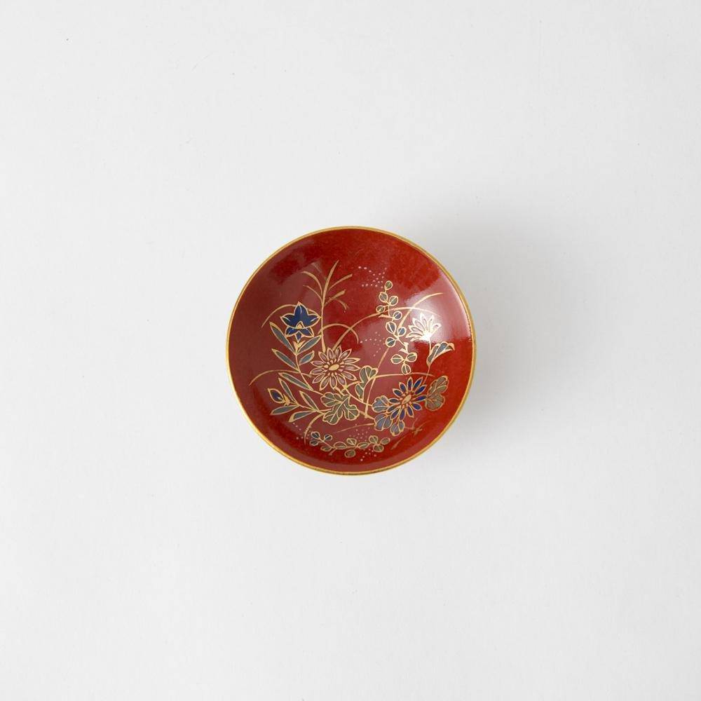 Kinzan Kiln Red Shugu Kutani Sakazuki Flat Sake Cup - MUSUBI KILN - Quality Japanese Tableware and Gift