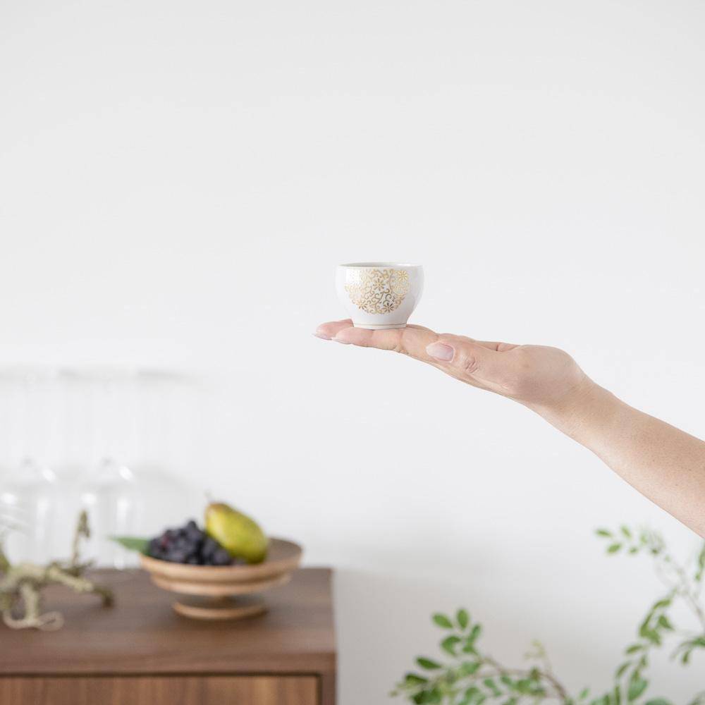 Kinzan Kiln Shugu Gilded Arabesque Ochoko Sake Cup - MUSUBI KILN - Quality Japanese Tableware and Gift