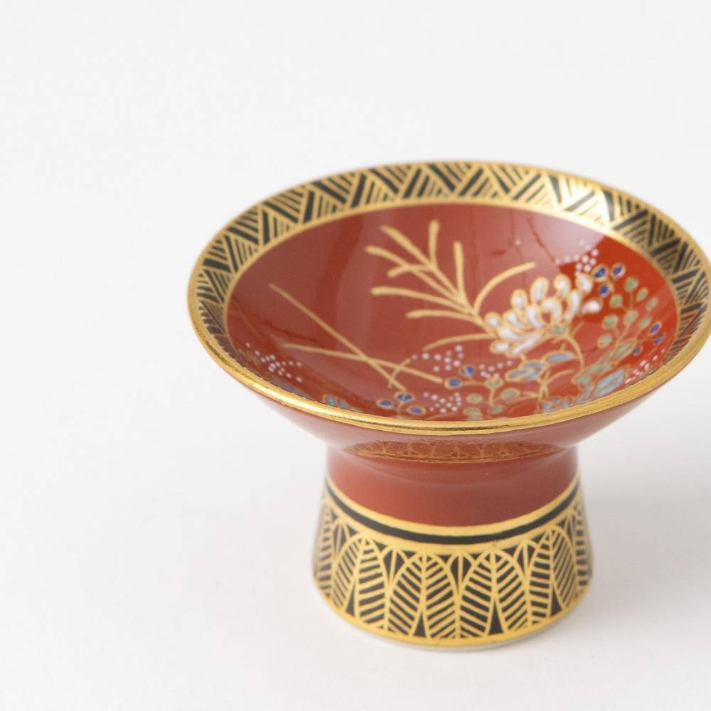 Kinzan Kiln Shugu Kinsai Chrysanthemum Sakazuki High Stand Flat Sake Cup - MUSUBI KILN - Quality Japanese Tableware and Gift