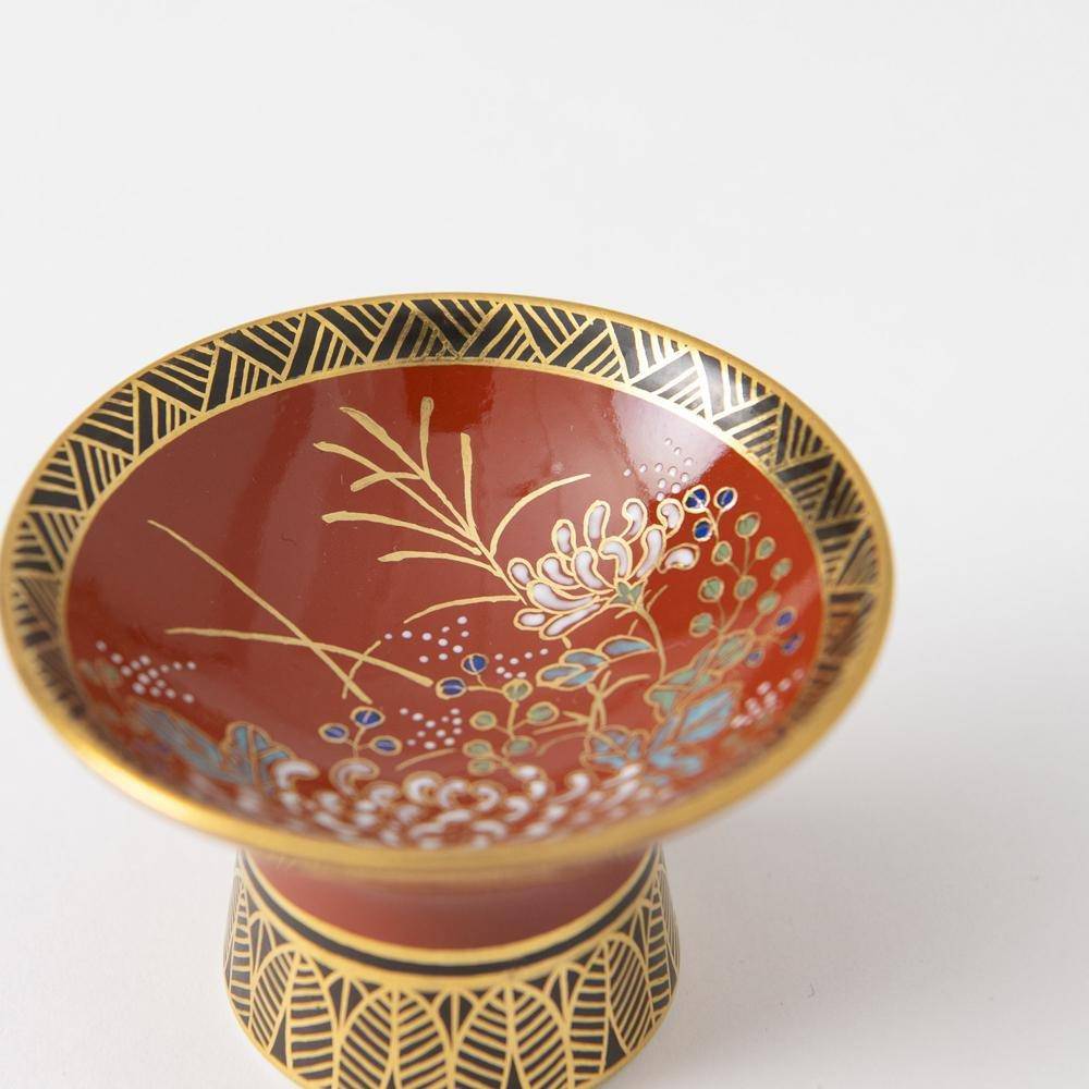 Kinzan Kiln Shugu Kinsai Chrysanthemum Sakazuki High Stand Flat Sake Cup - MUSUBI KILN - Quality Japanese Tableware and Gift