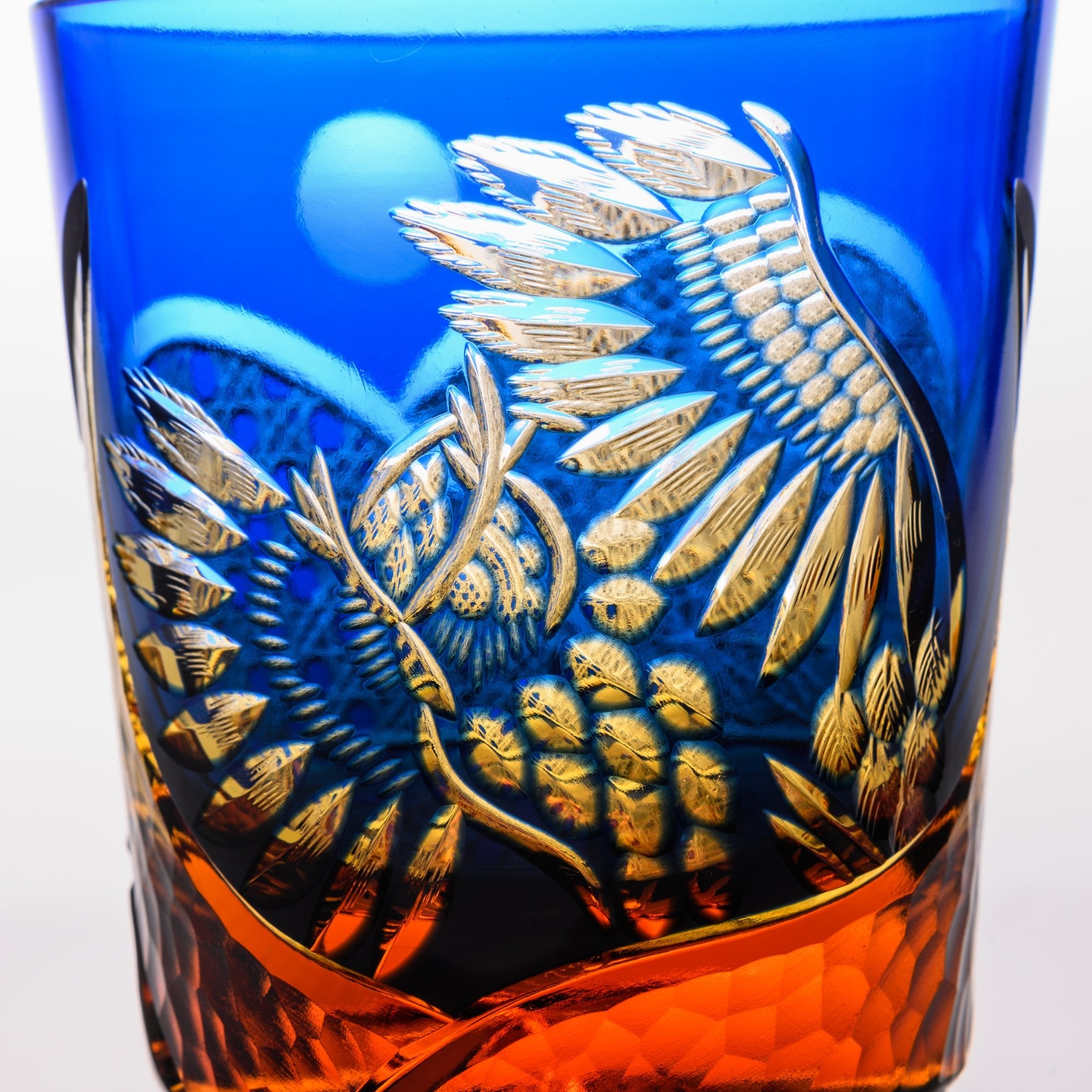 Kiyohide Glass Blue Amber Owl Edo Kiriko Rocks Glass - MUSUBI KILN - Quality Japanese Tableware and Gift