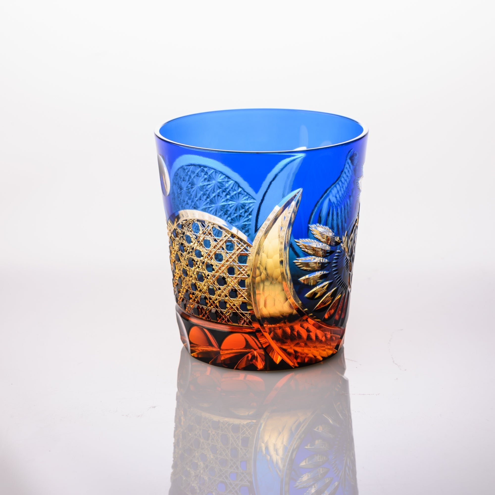 Kiyohide Glass Blue Amber Owl Edo Kiriko Rocks Glass - MUSUBI KILN - Quality Japanese Tableware and Gift