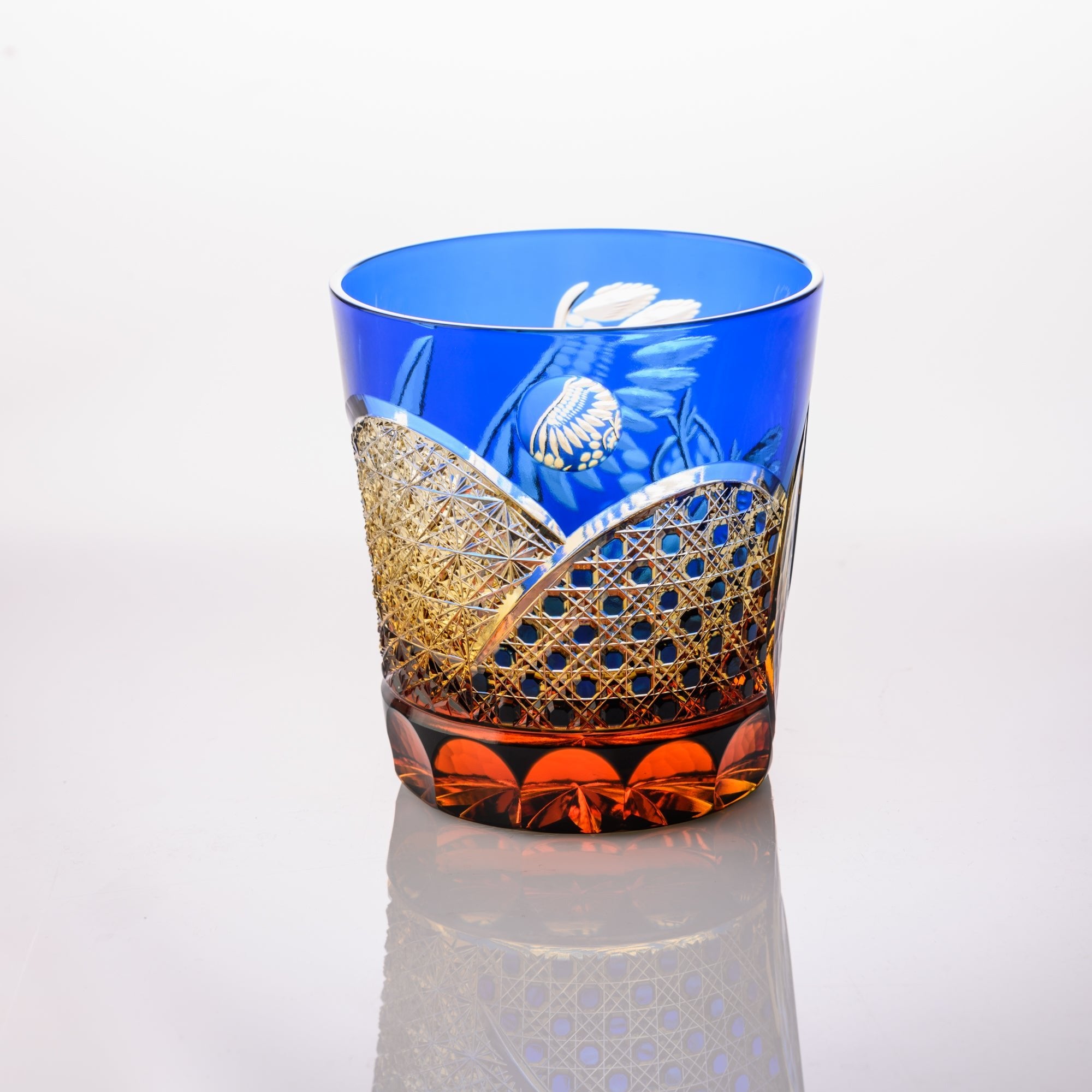 Kiyohide Glass Blue Amber Owl Edo Kiriko Rocks Glass - MUSUBI KILN - Quality Japanese Tableware and Gift