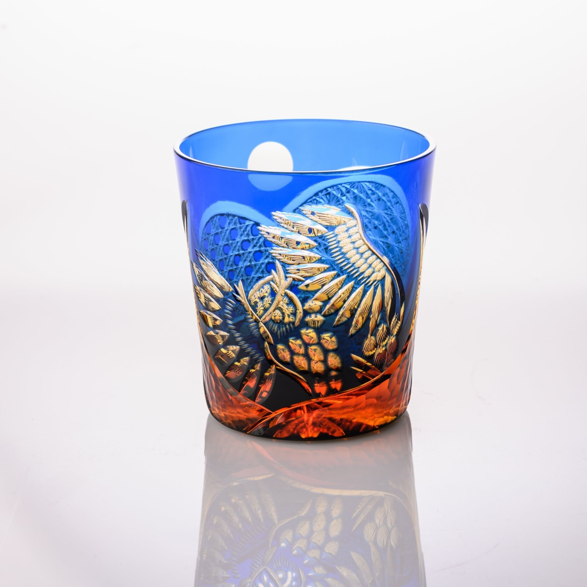 Kiyohide Glass Blue Amber Owl Edo Kiriko Rocks Glass - MUSUBI KILN - Quality Japanese Tableware and Gift