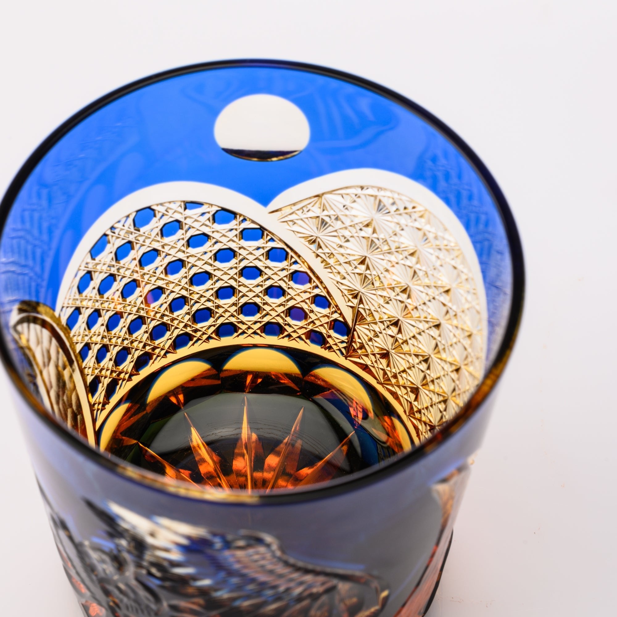 Kiyohide Glass Blue Amber Owl Edo Kiriko Rocks Glass - MUSUBI KILN - Quality Japanese Tableware and Gift