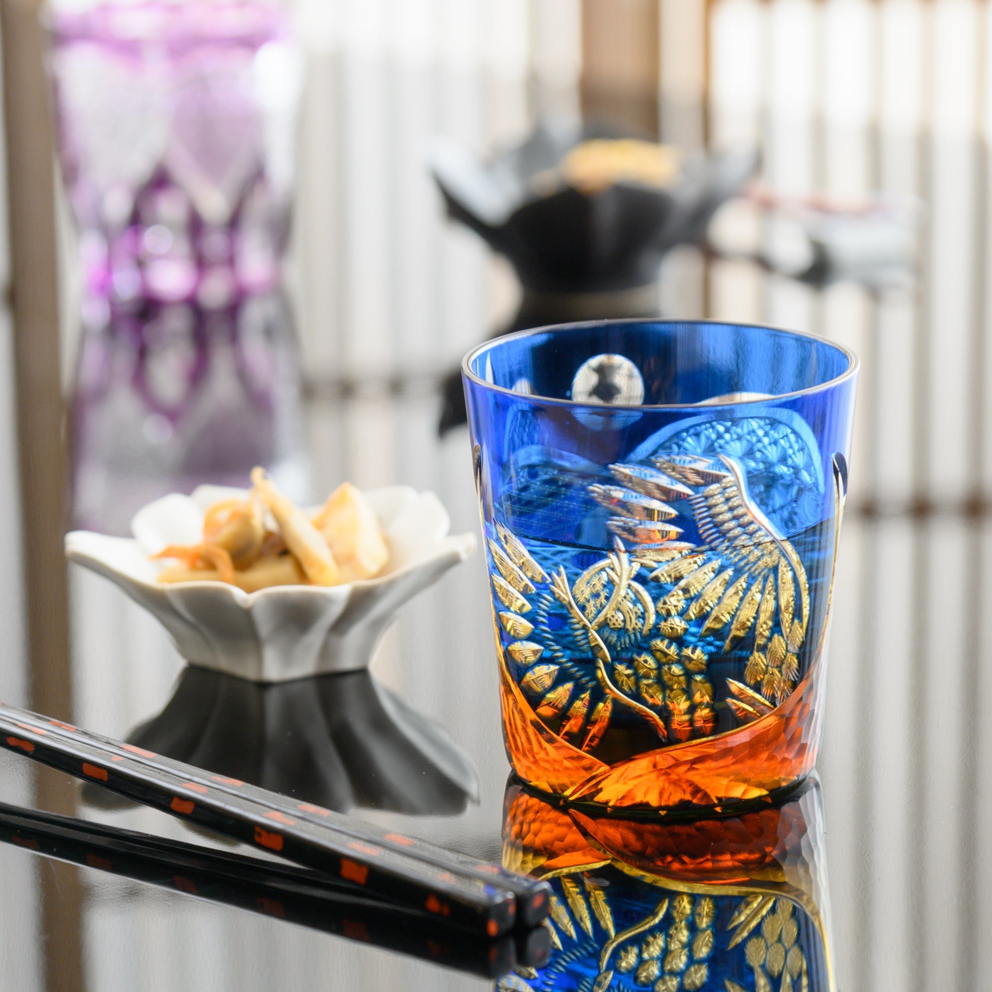 Kiyohide Glass Blue Amber Owl Edo Kiriko Rocks Glass - MUSUBI KILN - Quality Japanese Tableware and Gift