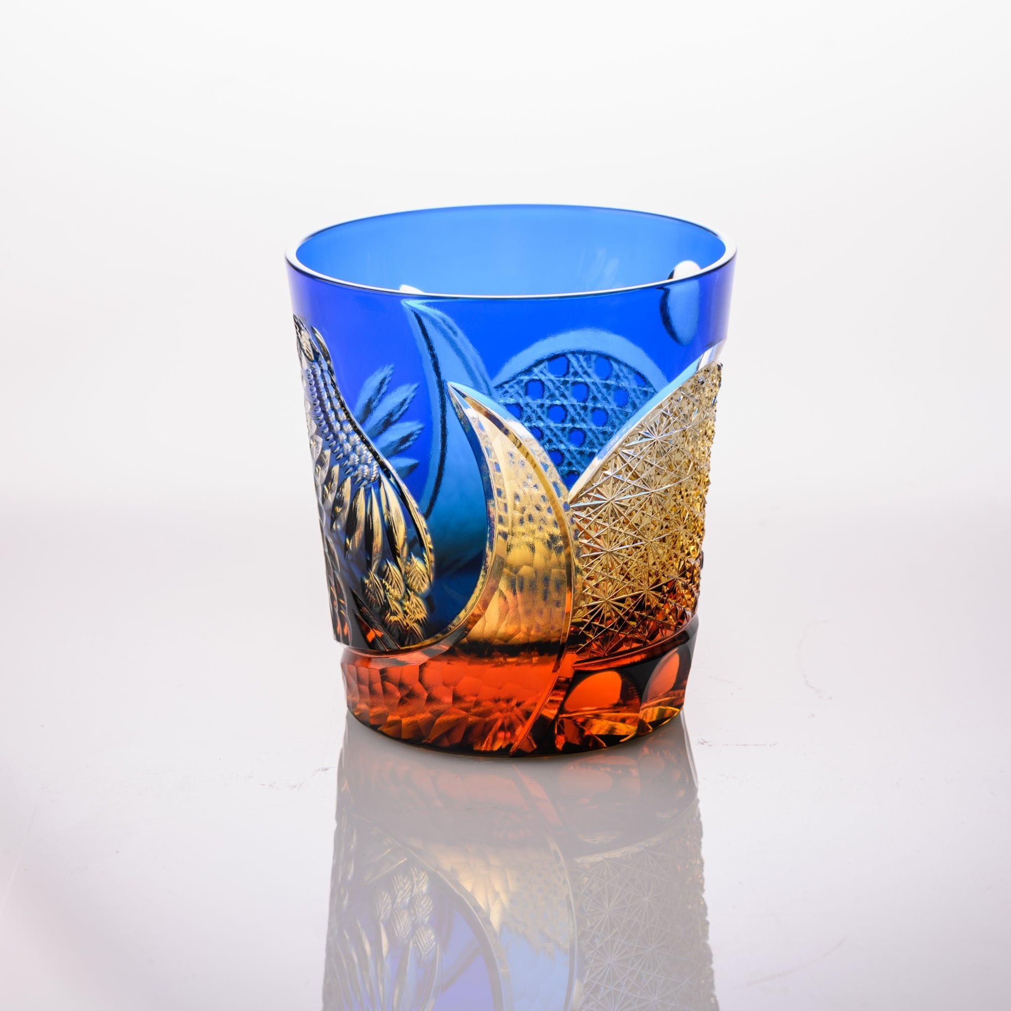 Kiyohide Glass Blue Amber Owl Edo Kiriko Rocks Glass - MUSUBI KILN - Quality Japanese Tableware and Gift