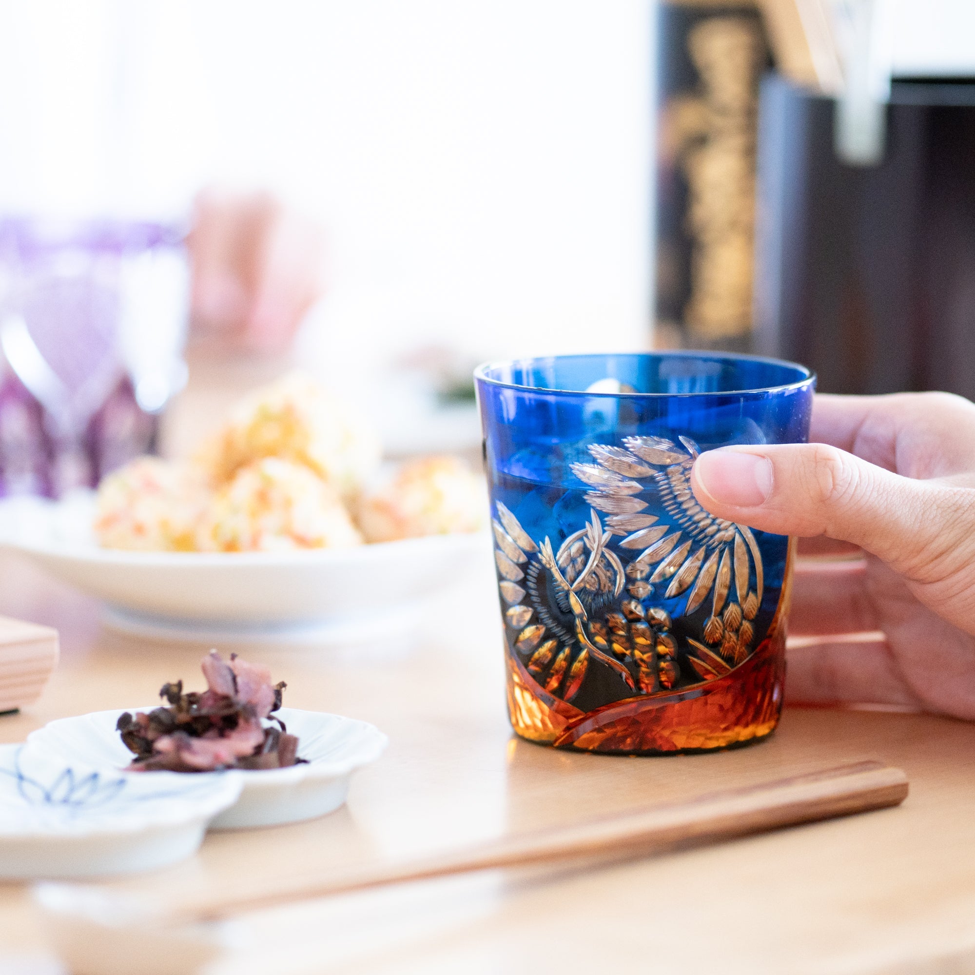 Kiyohide Glass Blue Amber Owl Edo Kiriko Rocks Glass - MUSUBI KILN - Quality Japanese Tableware and Gift