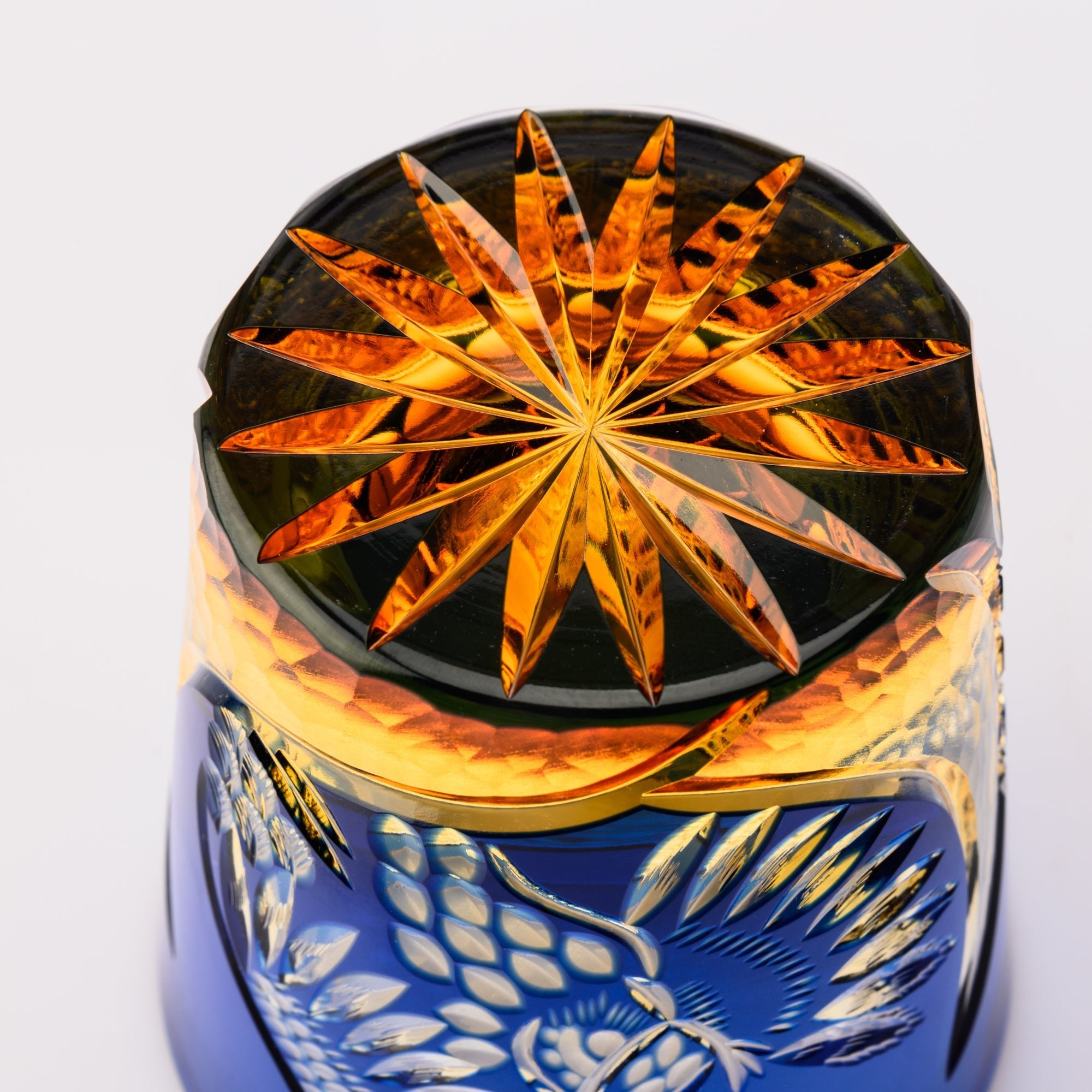 Kiyohide Glass Blue Amber Owl Edo Kiriko Rocks Glass - MUSUBI KILN - Quality Japanese Tableware and Gift