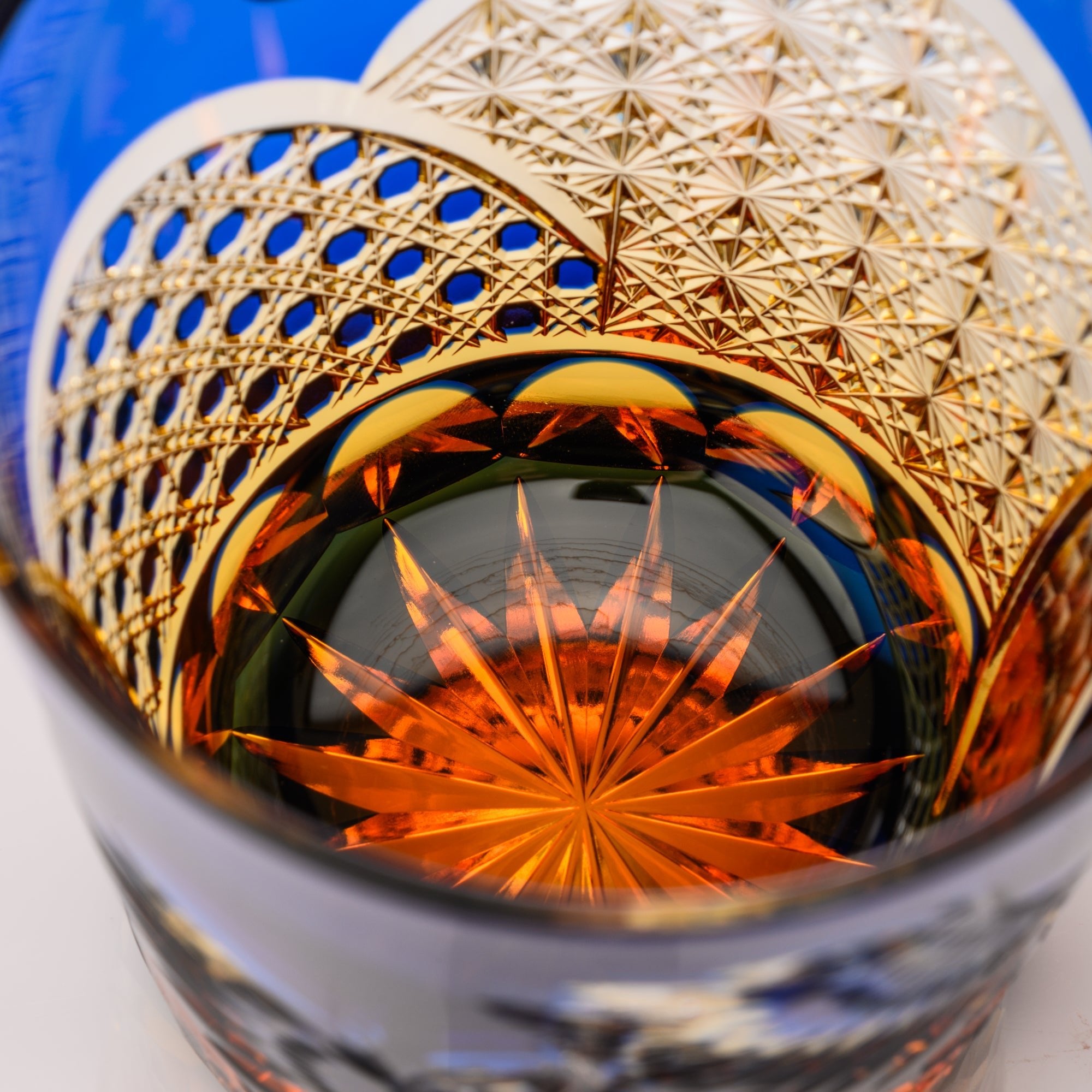 Kiyohide Glass Blue Amber Owl Edo Kiriko Rocks Glass - MUSUBI KILN - Quality Japanese Tableware and Gift