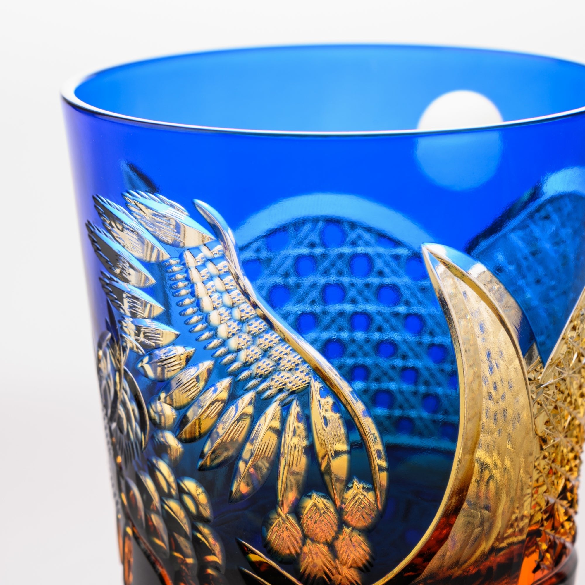 Kiyohide Glass Blue Amber Owl Edo Kiriko Rocks Glass - MUSUBI KILN - Quality Japanese Tableware and Gift
