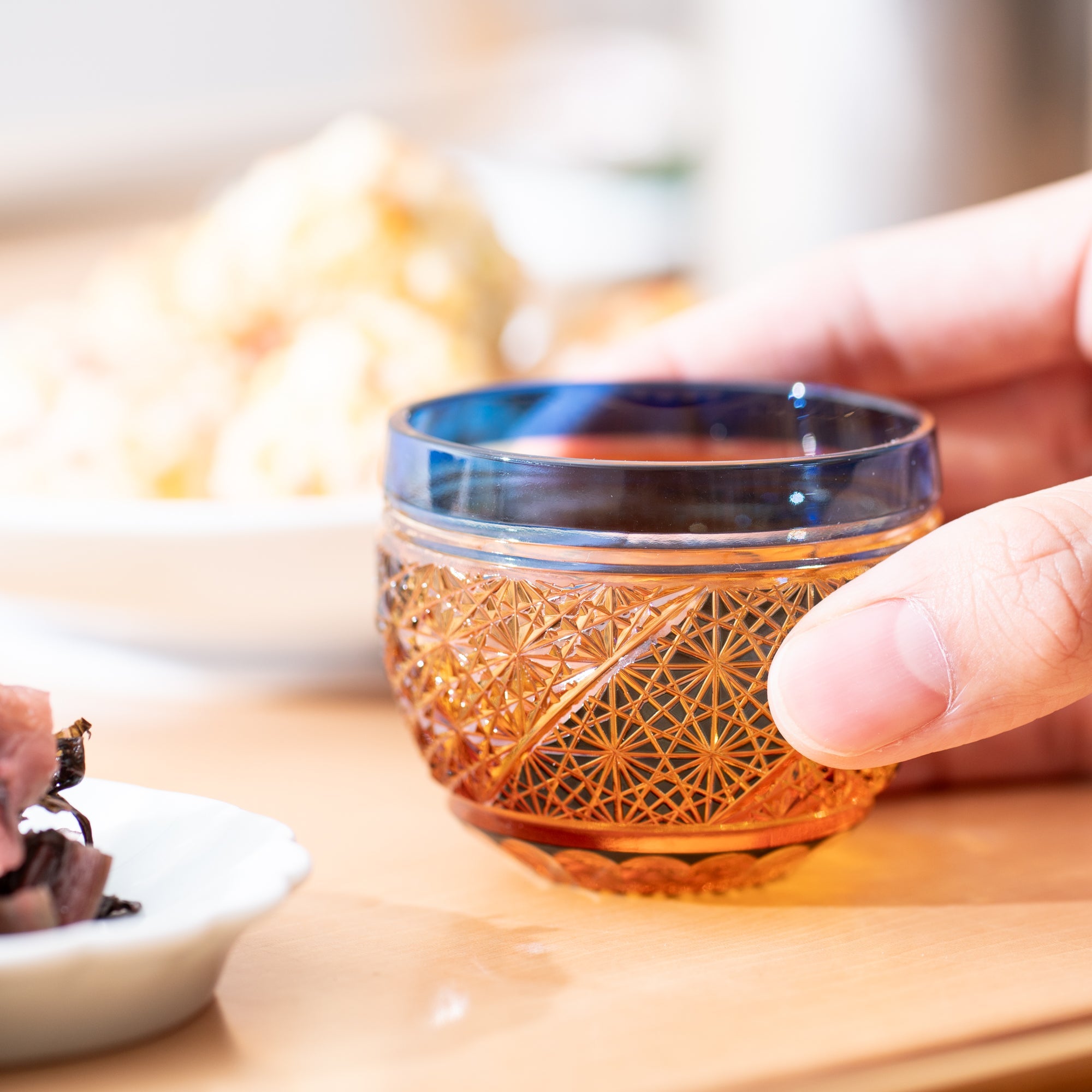 Kiyohide Glass Blue Amber Whirlwind Edo Kiriko Guinomi Sake Cup - MUSUBI KILN - Quality Japanese Tableware and Gift