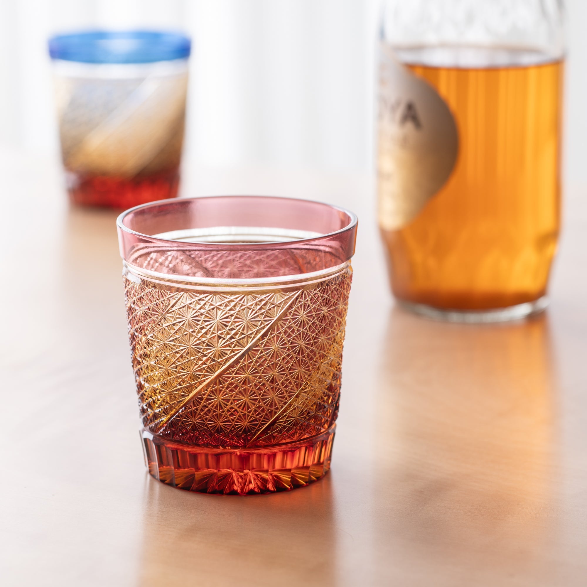 Kiyohide Glass Gold Red Amber Edo Kiriko Rocks Glass - MUSUBI KILN - Quality Japanese Tableware and Gift