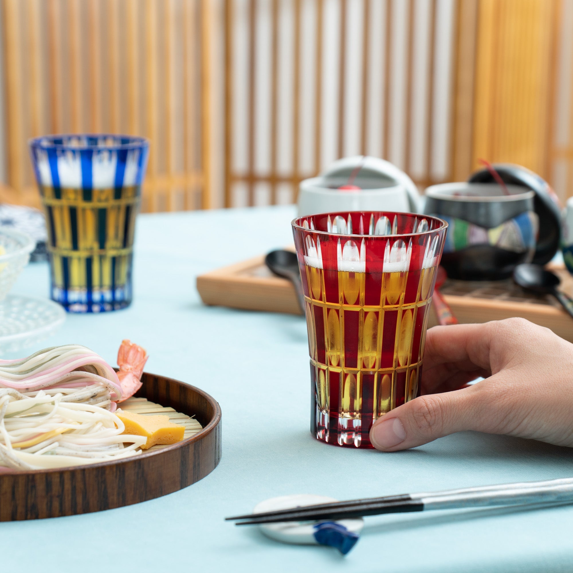 Kiyohide Glass Red and Lapis Lazuli Edo Kiriko Tumbler Set - MUSUBI KILN - Quality Japanese Tableware and Gift
