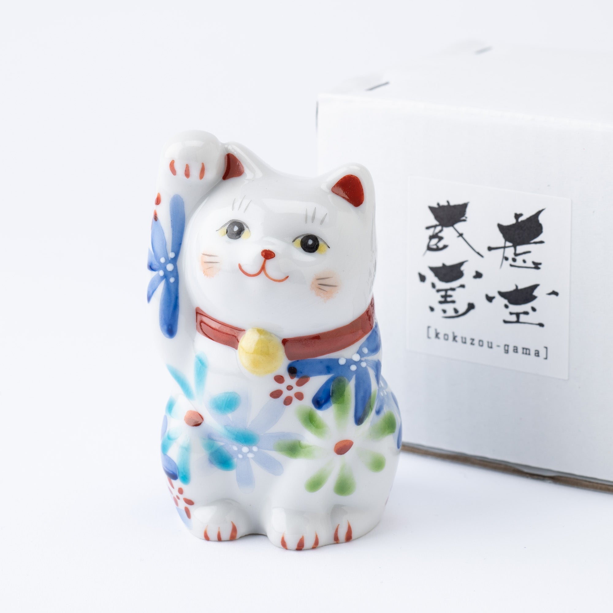 Kokuzou Kiln Flower Party Kutani Lucky Cat - Blue - MUSUBI KILN - Quality Japanese Tableware and Gift