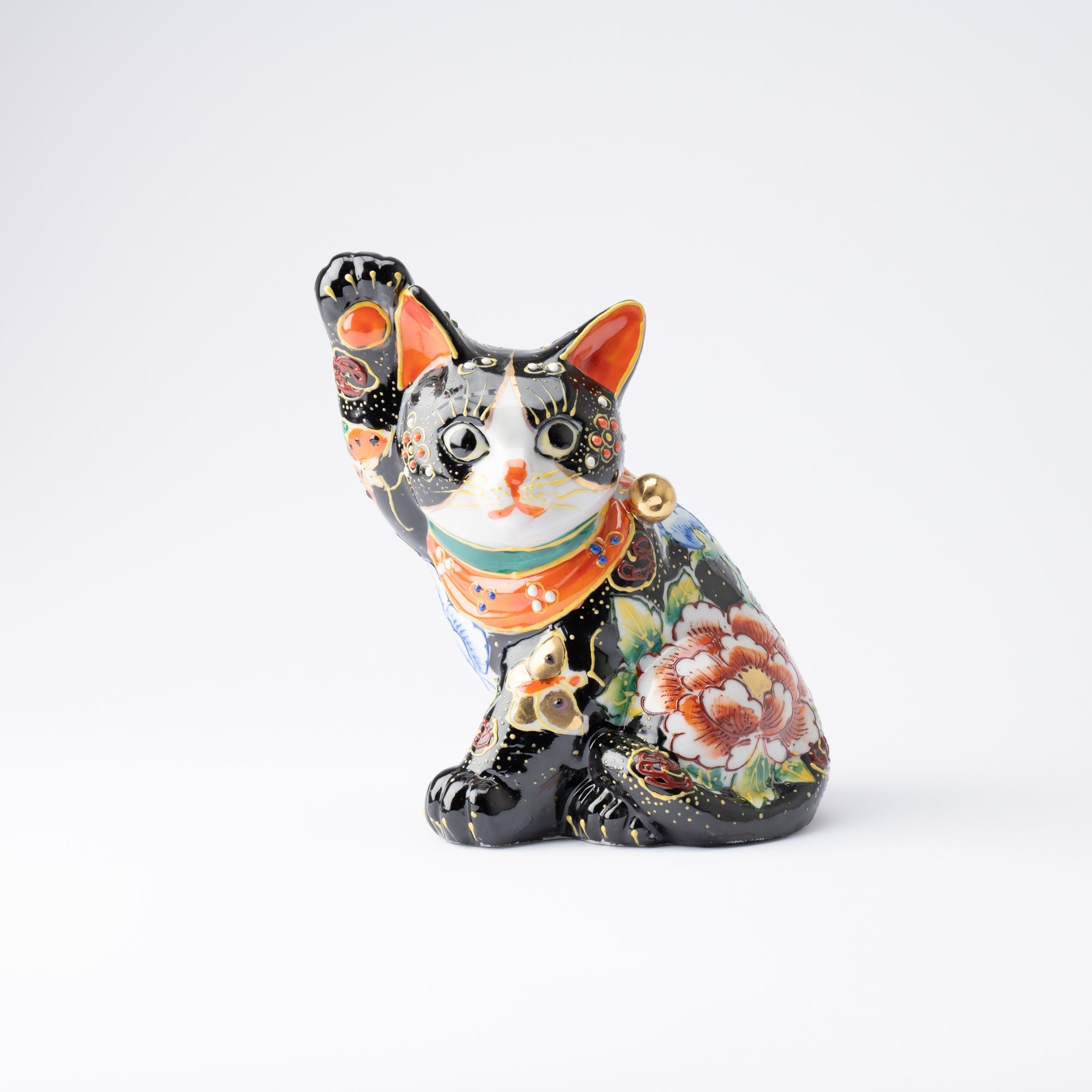 Handcrafted Kutani Ware Cat - Double-Luck Flower Garden