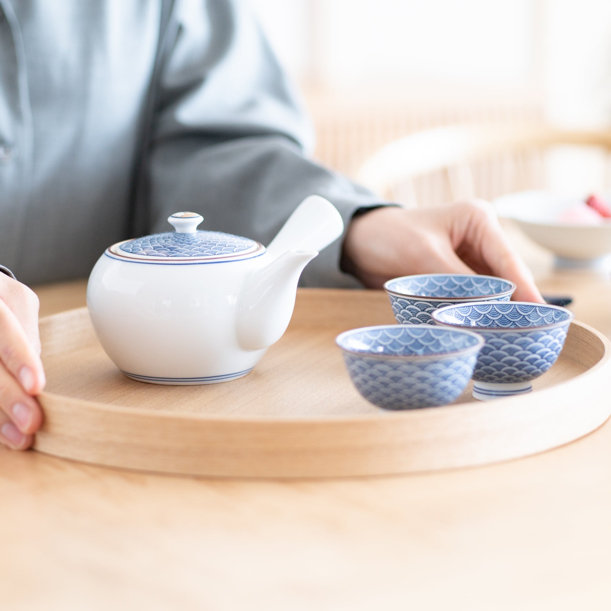 Midou Kiln Seigaiha Blue Wave Hasami Japanese Teapot 370ml (12.5oz) - MUSUBI KILN - Quality Japanese Tableware and Gift