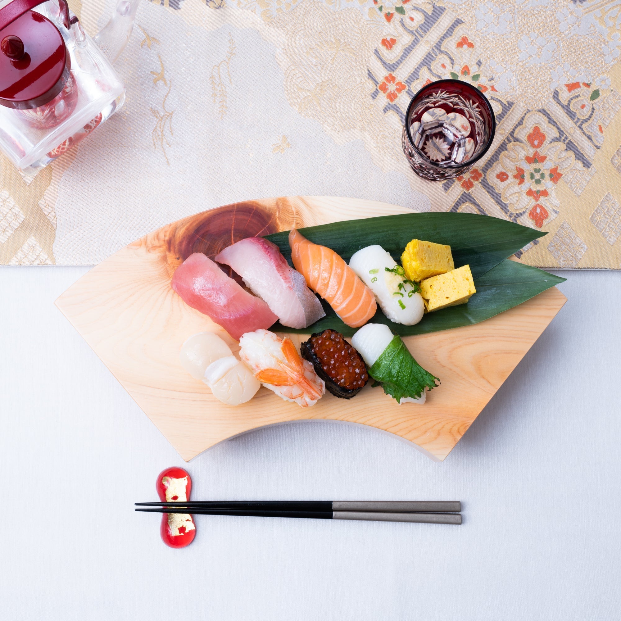 Miyabi Urushi Fan Shape Kiso Woodwork Sushi Plate 13.8in - MUSUBI KILN - Quality Japanese Tableware and Gift