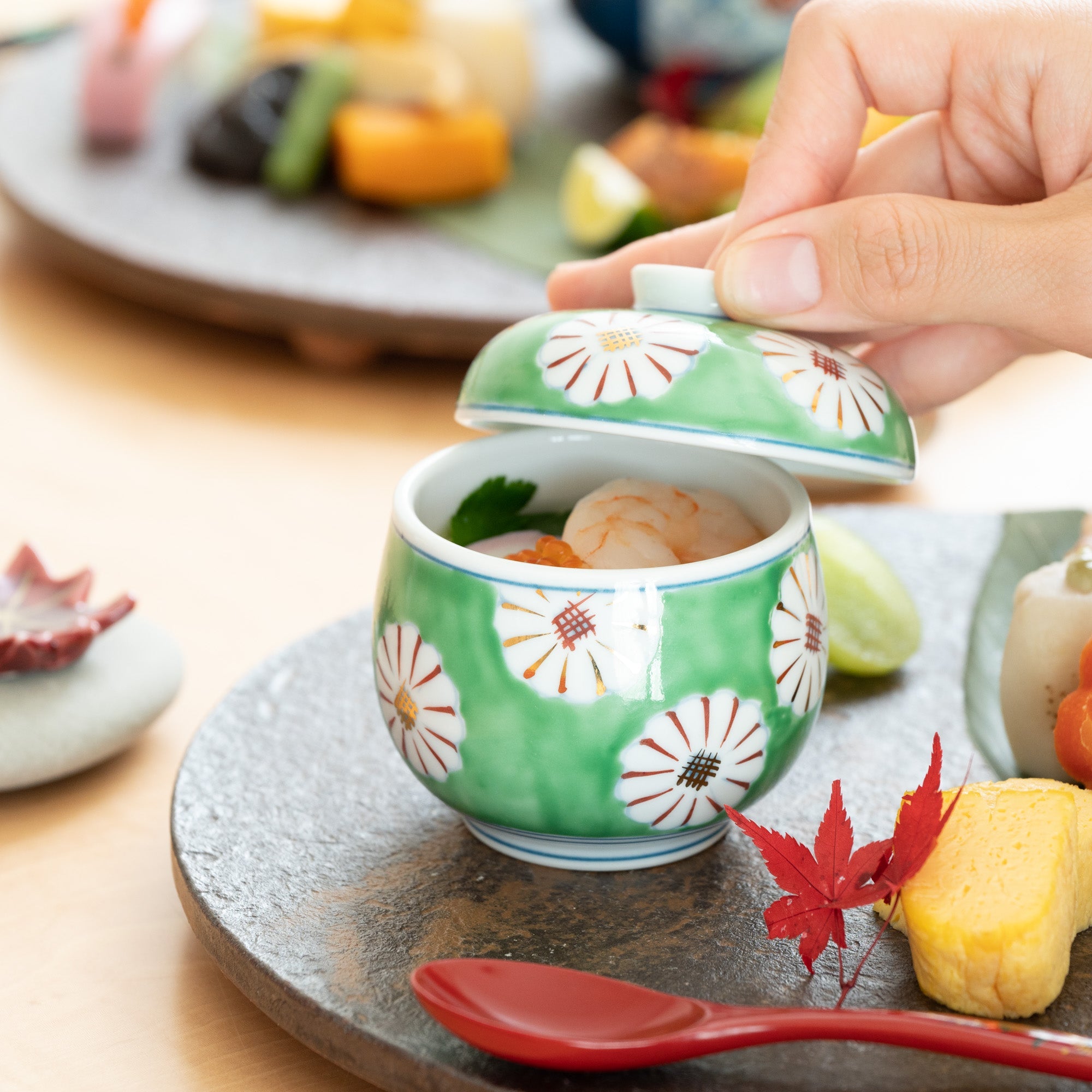Musubi Mono Green Field of Chrysanthemums Arita Chawanmushi Bowl - MUSUBI KILN - Quality Japanese Tableware and Gift
