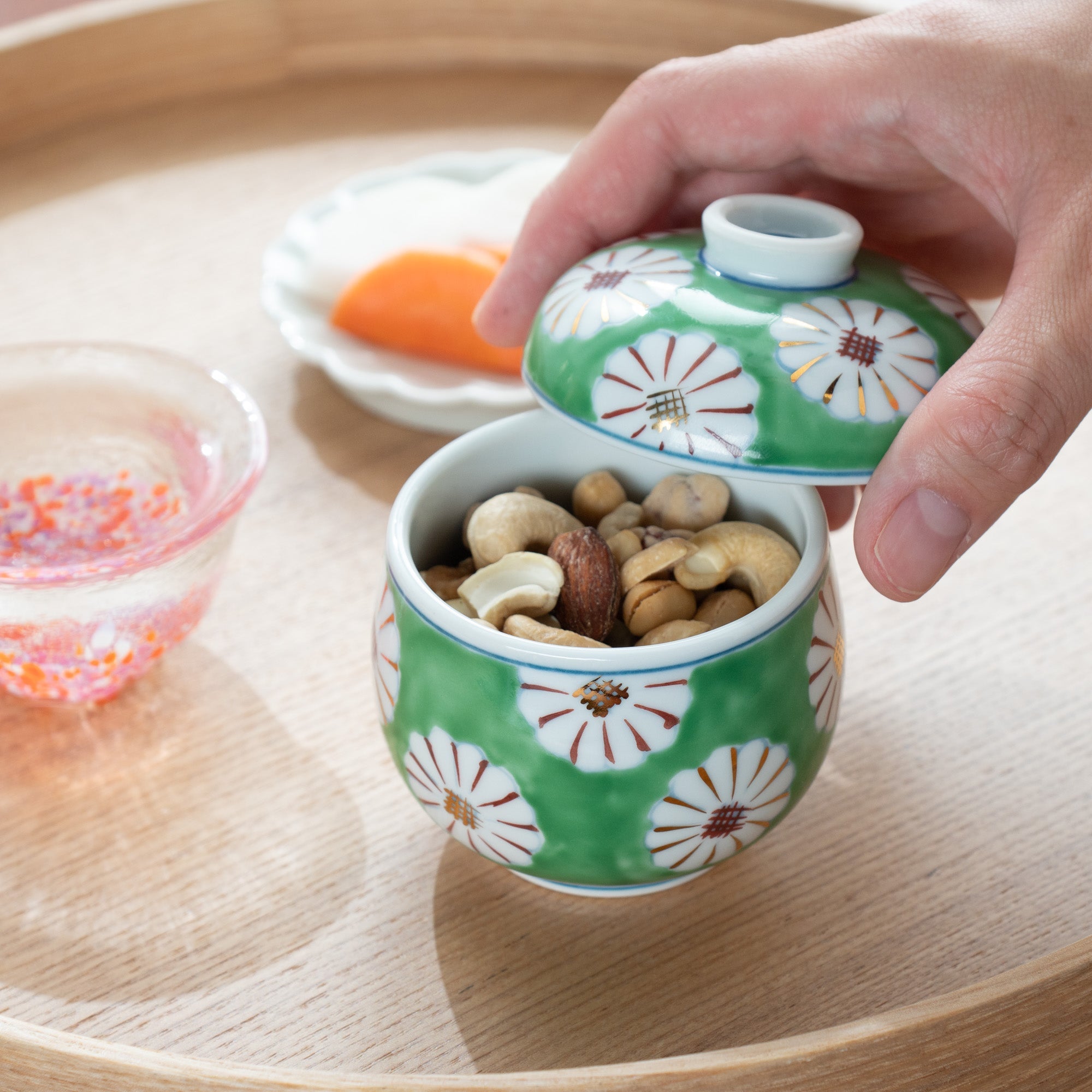 Musubi Mono Green Field of Chrysanthemums Arita Chawanmushi Bowl - MUSUBI KILN - Quality Japanese Tableware and Gift