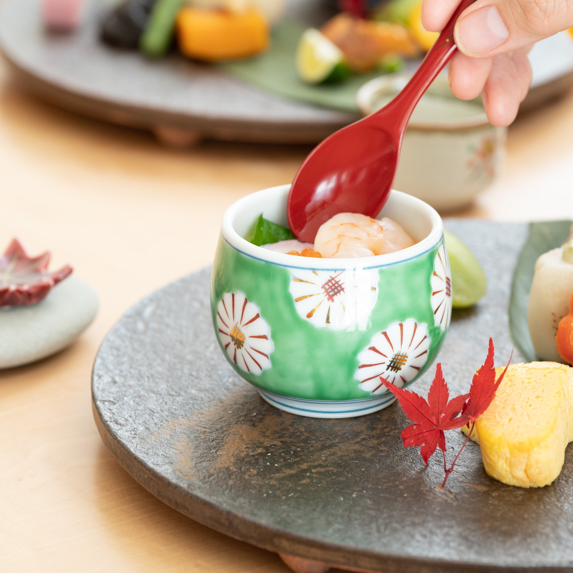 Musubi Mono Green Field of Chrysanthemums Arita Chawanmushi Bowl - MUSUBI KILN - Quality Japanese Tableware and Gift
