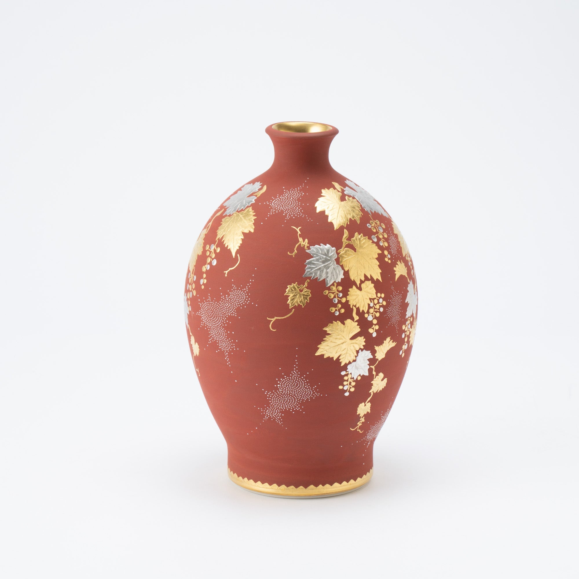 Nakada Kingyoku Red Morikin Shirochibu Grape Pattern Oval Vase - MUSUBI KILN - Quality Japanese Tableware and Gift
