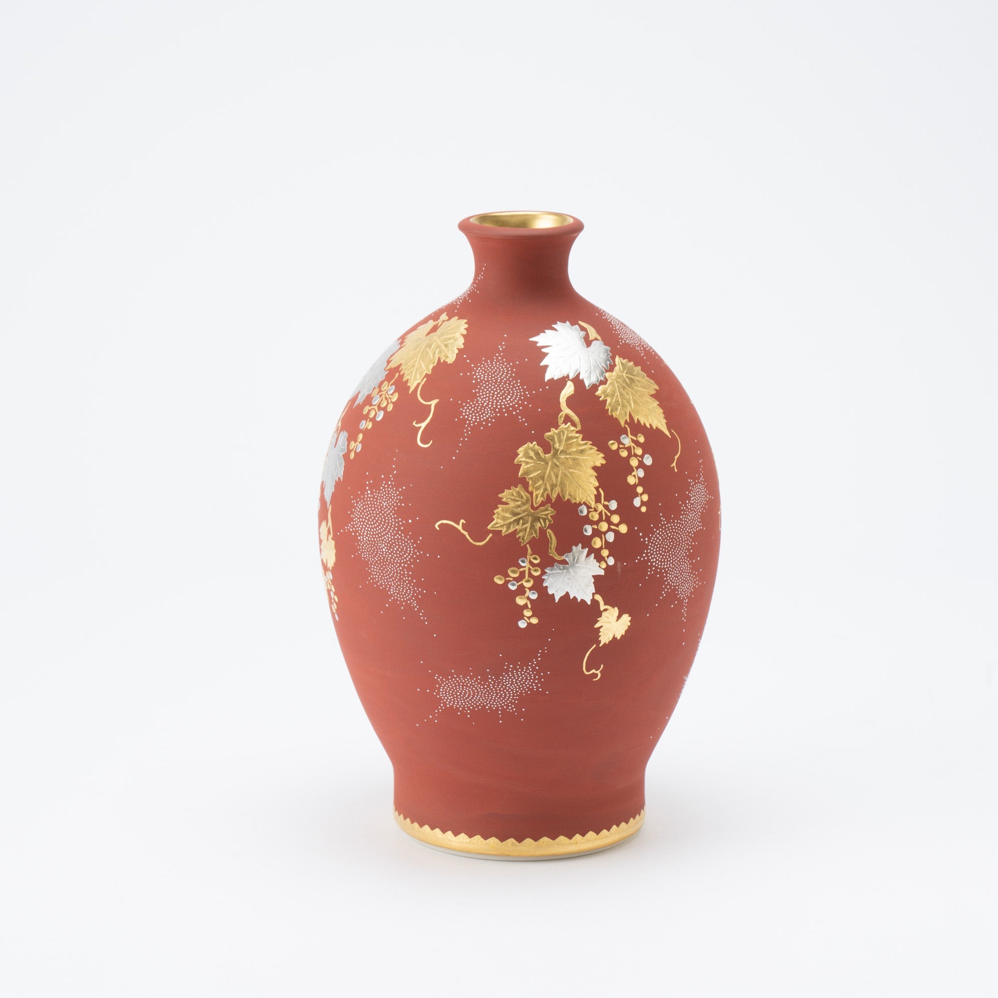 Nakada Kingyoku Red Morikin Shirochibu Grape Pattern Oval Vase - MUSUBI KILN - Quality Japanese Tableware and Gift