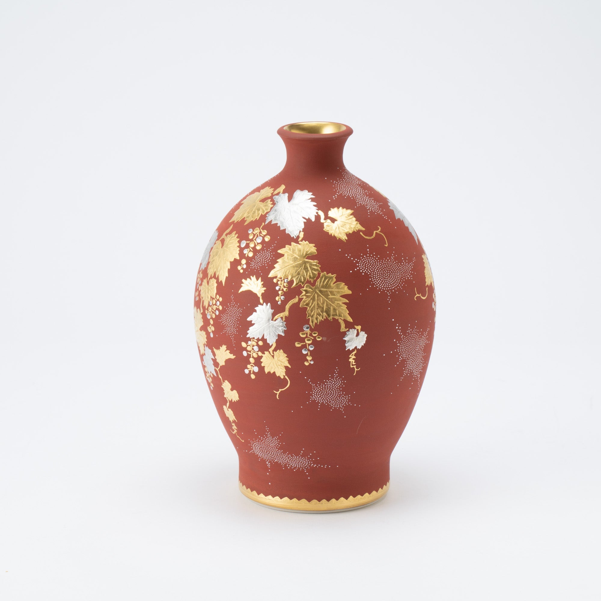 Nakada Kingyoku Red Morikin Shirochibu Grape Pattern Oval Vase - MUSUBI KILN - Quality Japanese Tableware and Gift