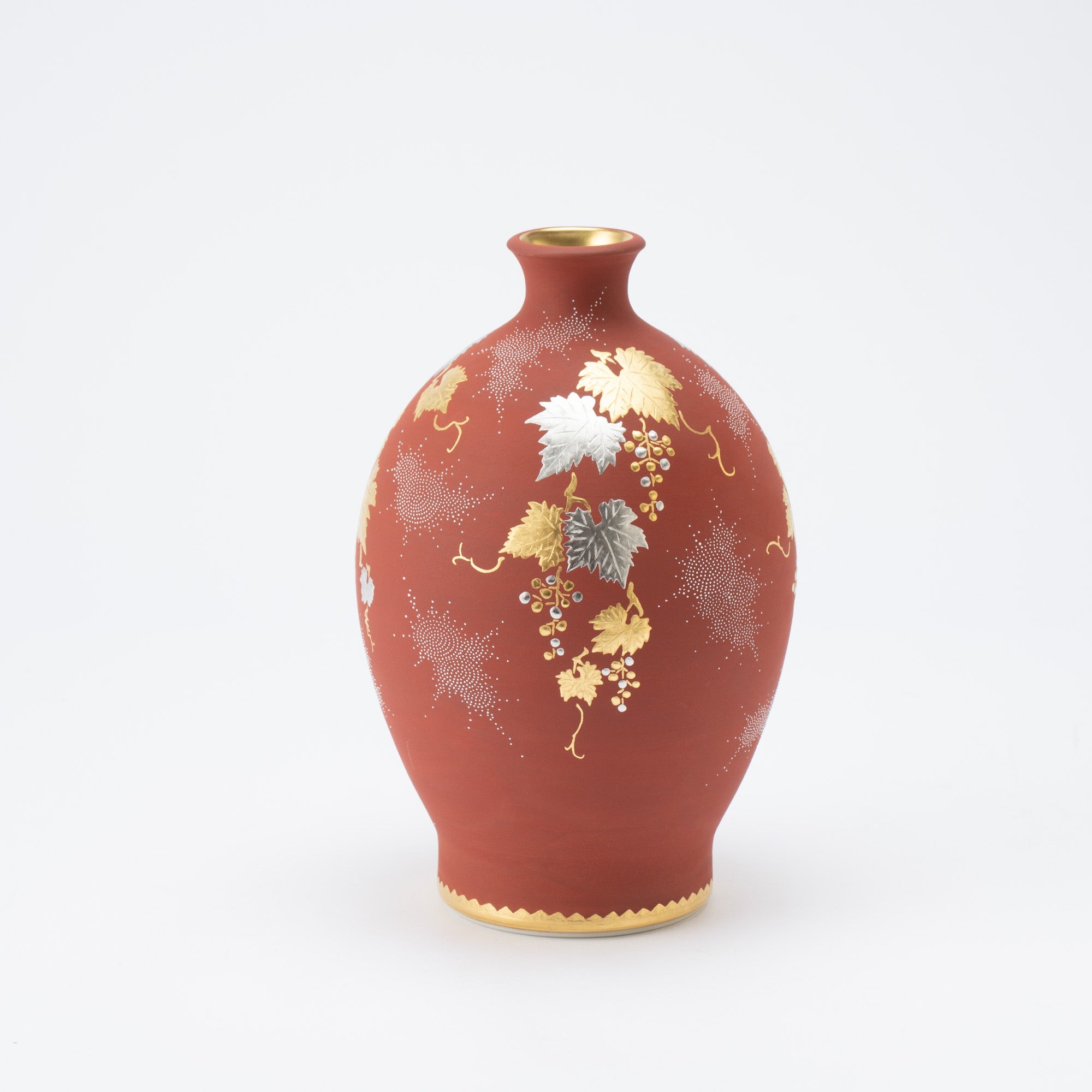Nakada Kingyoku Red Morikin Shirochibu Grape Pattern Oval Vase - MUSUBI KILN - Quality Japanese Tableware and Gift