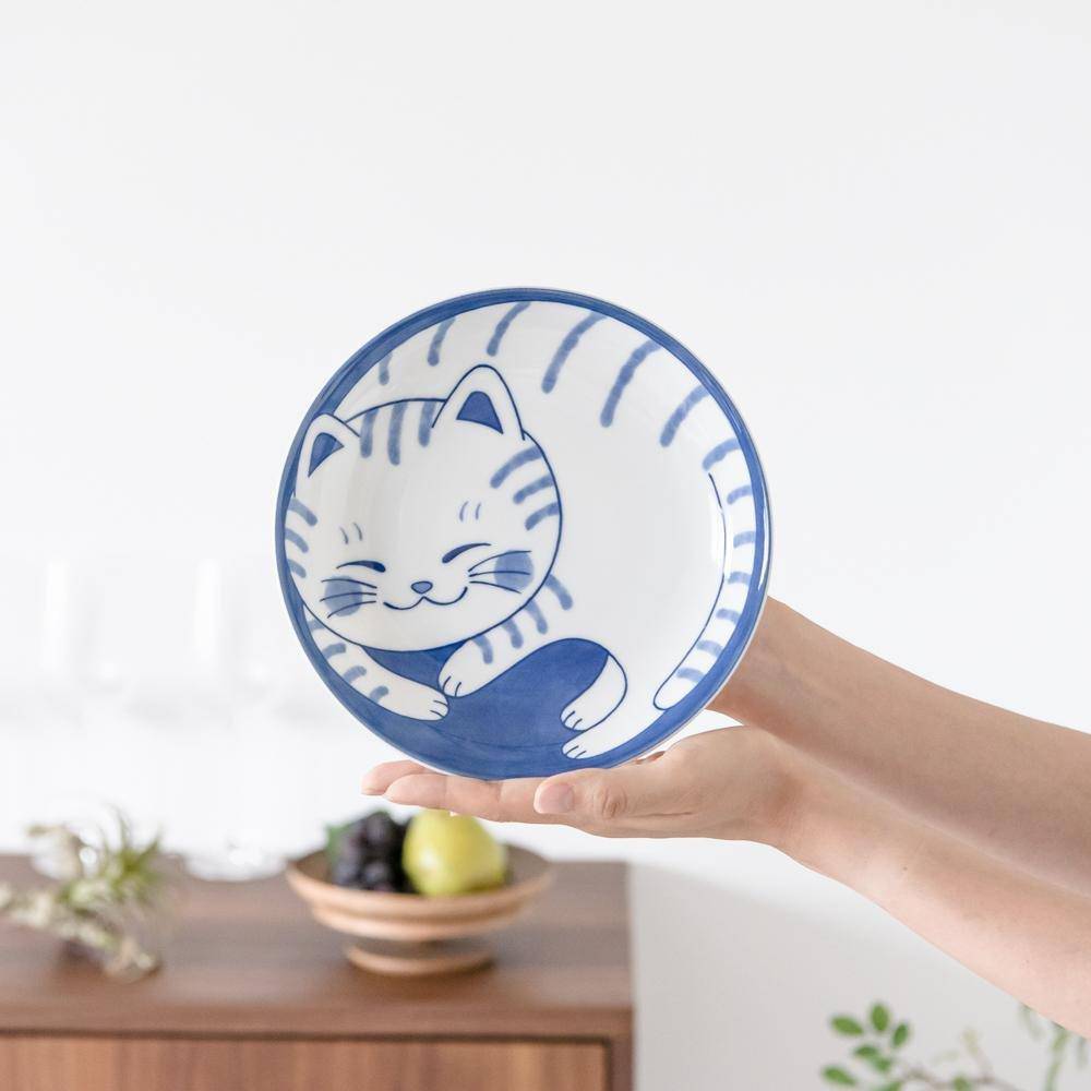 Neko Chigura Cat Mino Ware Round Plate - MUSUBI KILN - Quality Japanese Tableware and Gift
