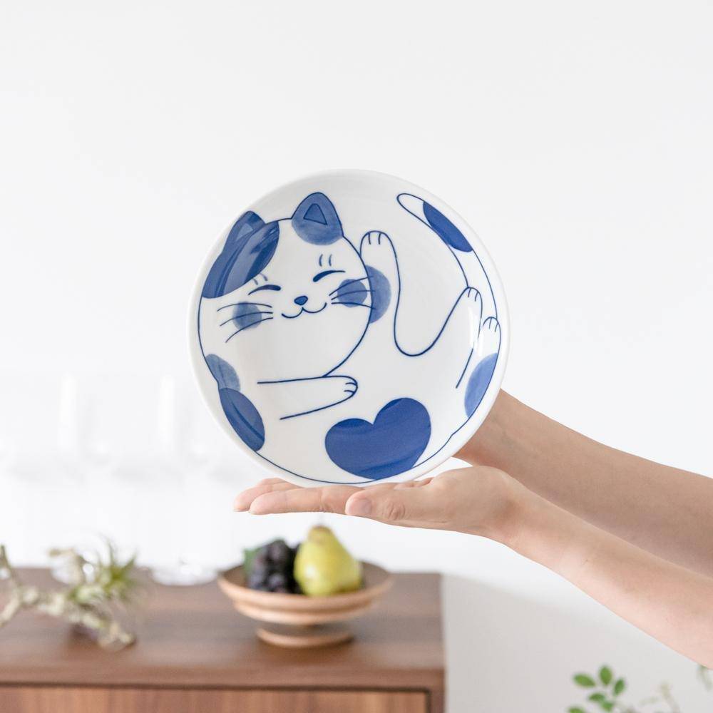 Neko Chigura Cat Mino Ware Round Plate - MUSUBI KILN - Quality Japanese Tableware and Gift