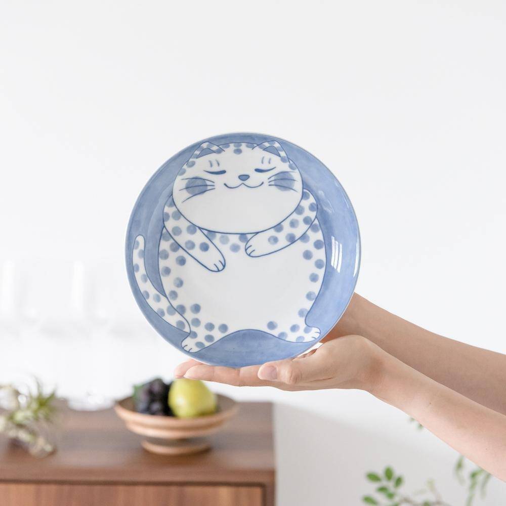 Neko Chigura Cat Mino Ware Round Plate - MUSUBI KILN - Quality Japanese Tableware and Gift