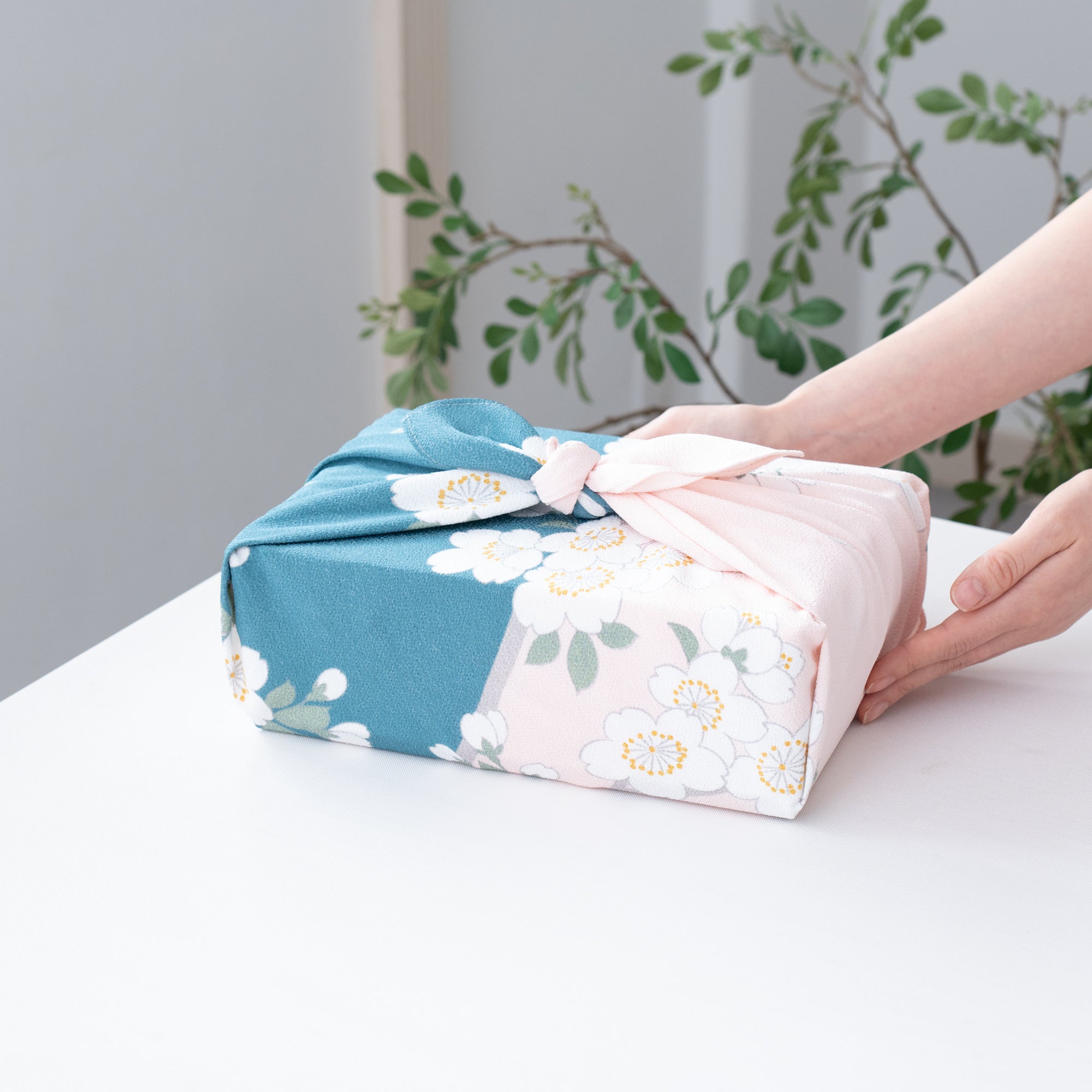 Pink And Green Sakura Chirimen Furoshiki Wrapping Cloth 27in - MUSUBI KILN - Quality Japanese Tableware and Gift