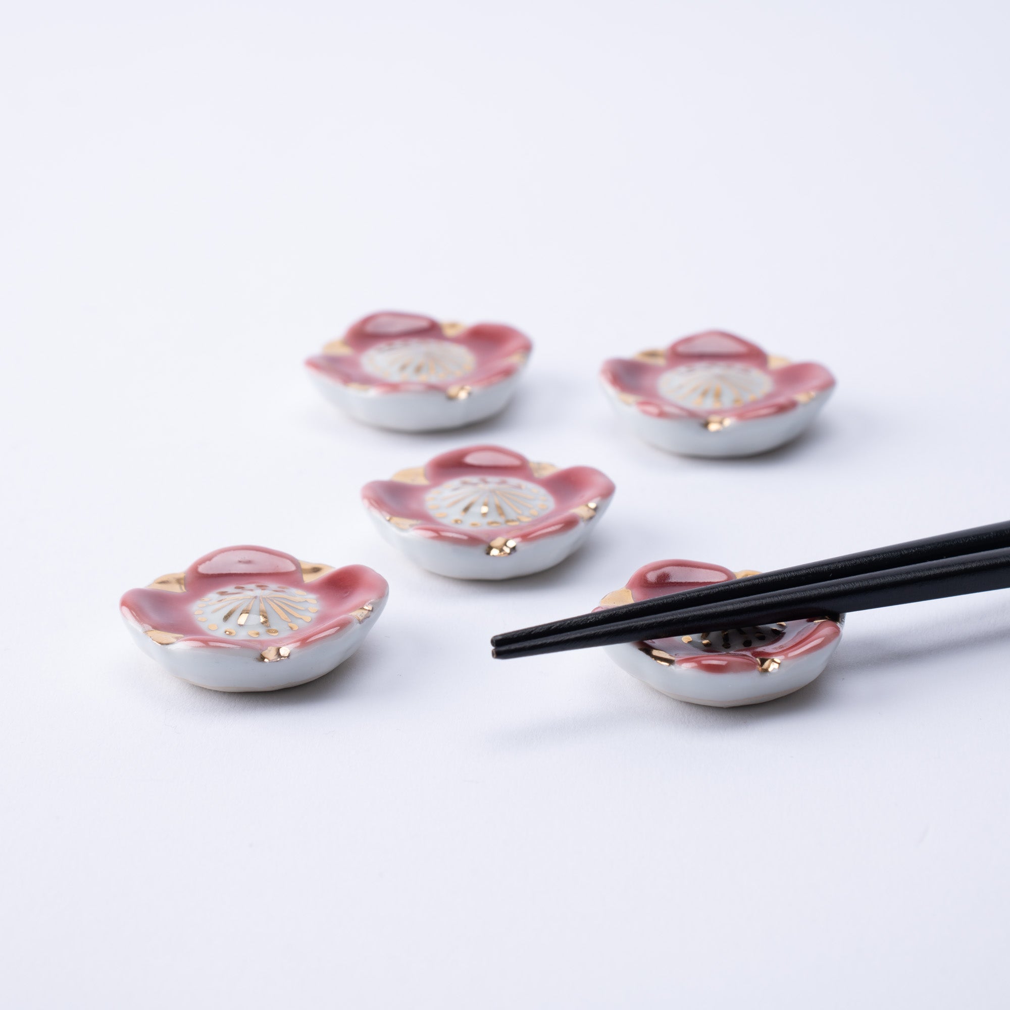 Pink Plum Blossom Kyo Ware Chopstick Rest Set - MUSUBI KILN - Quality Japanese Tableware and Gift