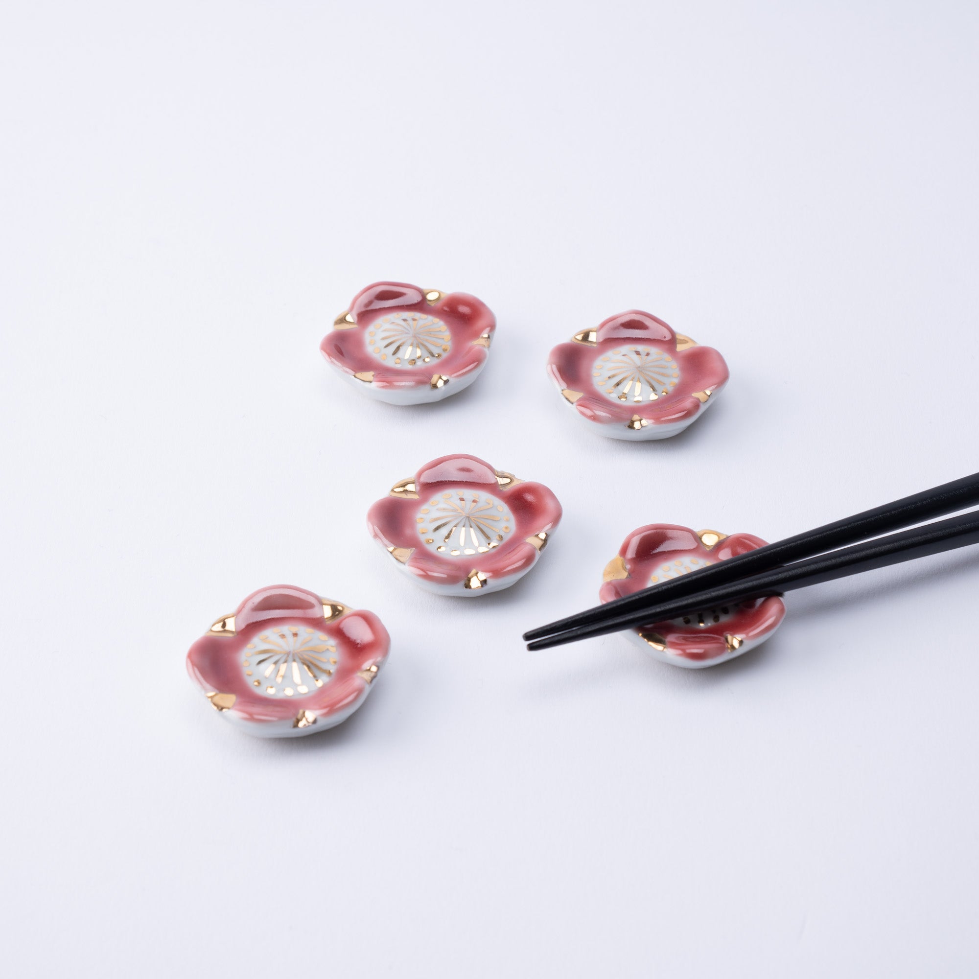 Pink Plum Blossom Kyo Ware Chopstick Rest Set - MUSUBI KILN - Quality Japanese Tableware and Gift