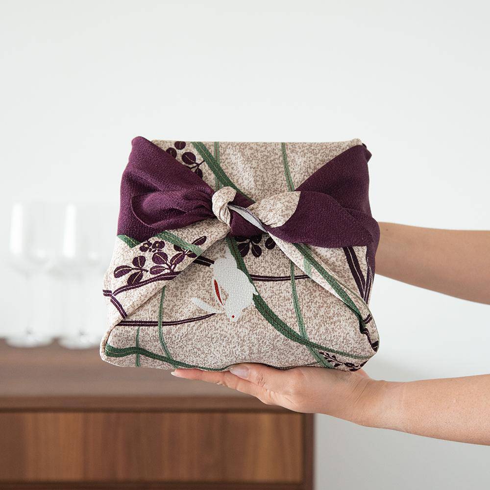 Rabbits bouncing on the grass Rayon Chirimen Furoshiki Wrapping Cloth 27in - MUSUBI KILN - Quality Japanese Tableware and Gift