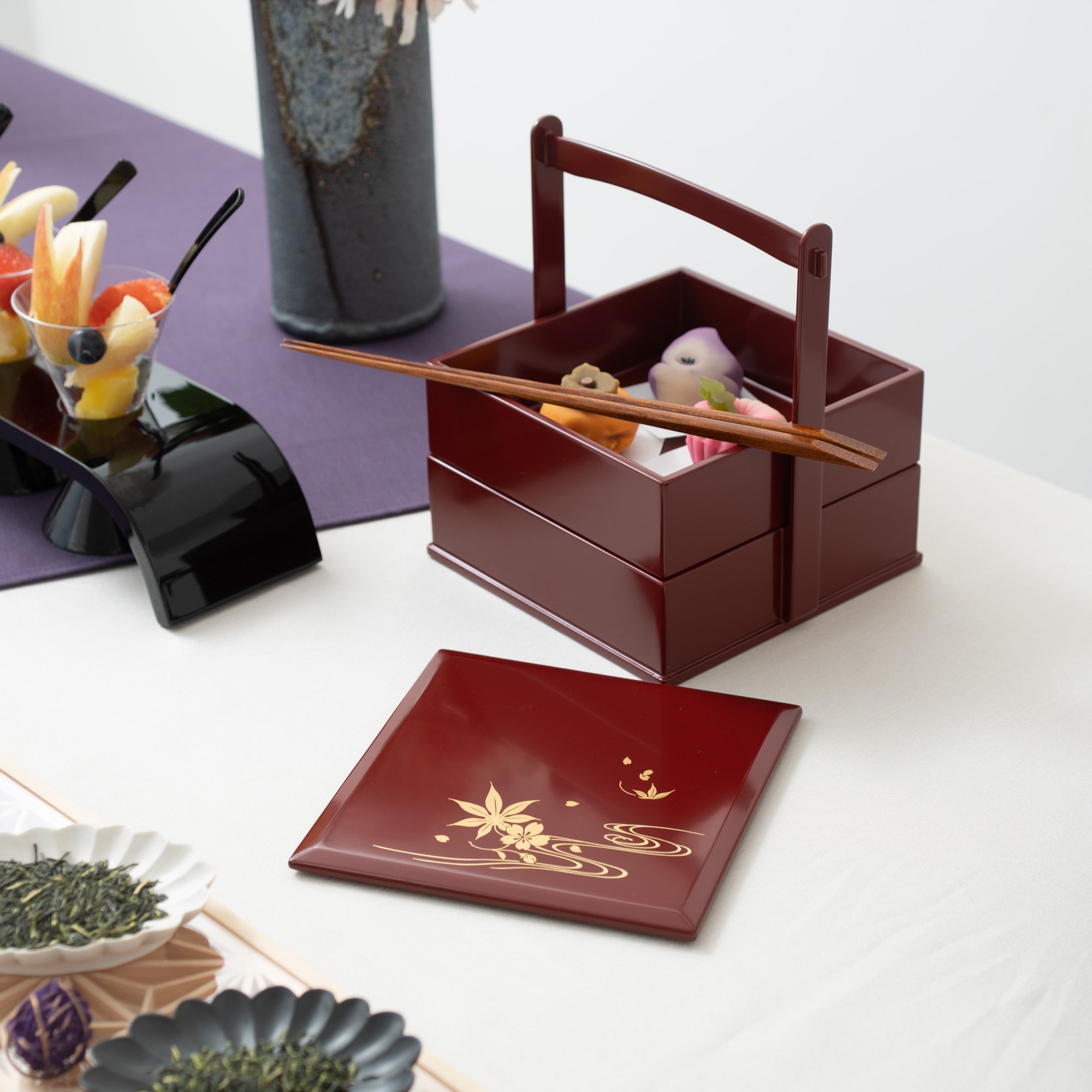Red Running Water Echizen Lacquerware Two Tiers Jubako Bento Box with Handle - MUSUBI KILN - Quality Japanese Tableware and Gift