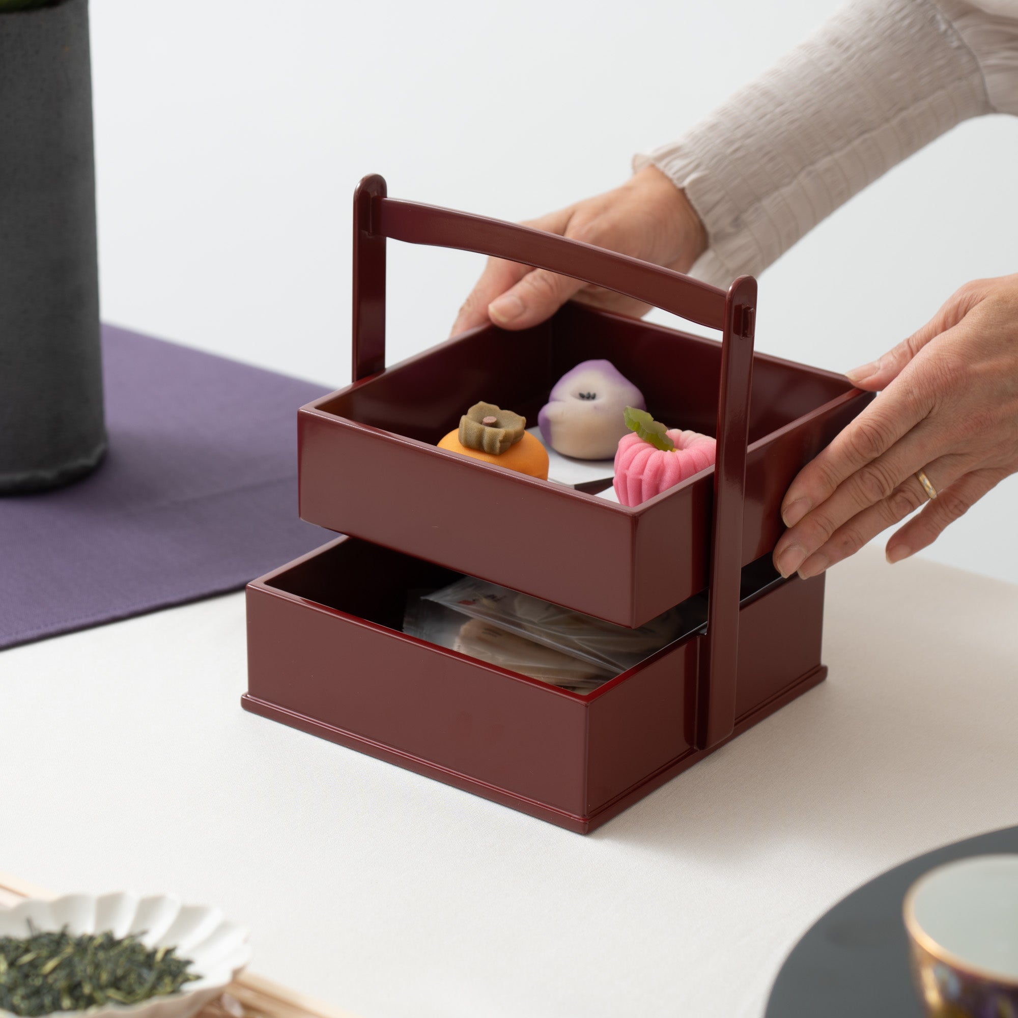 Red Running Water Echizen Lacquerware Two Tiers Jubako Bento Box with Handle - MUSUBI KILN - Quality Japanese Tableware and Gift