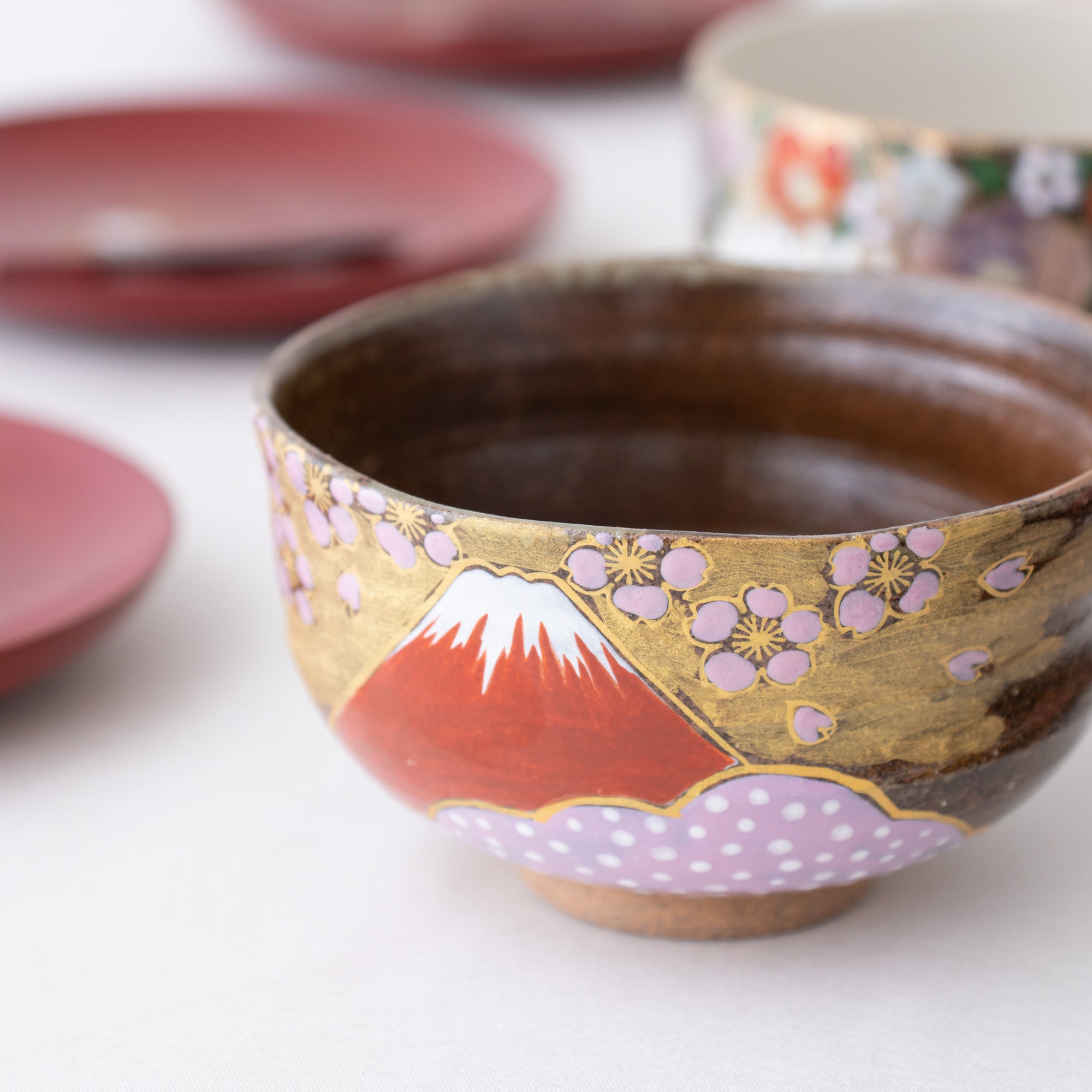 Sakura and Mt.Fuji Kutani Matcha Bowl Chawan - MUSUBI KILN - Quality Japanese Tableware and Gift