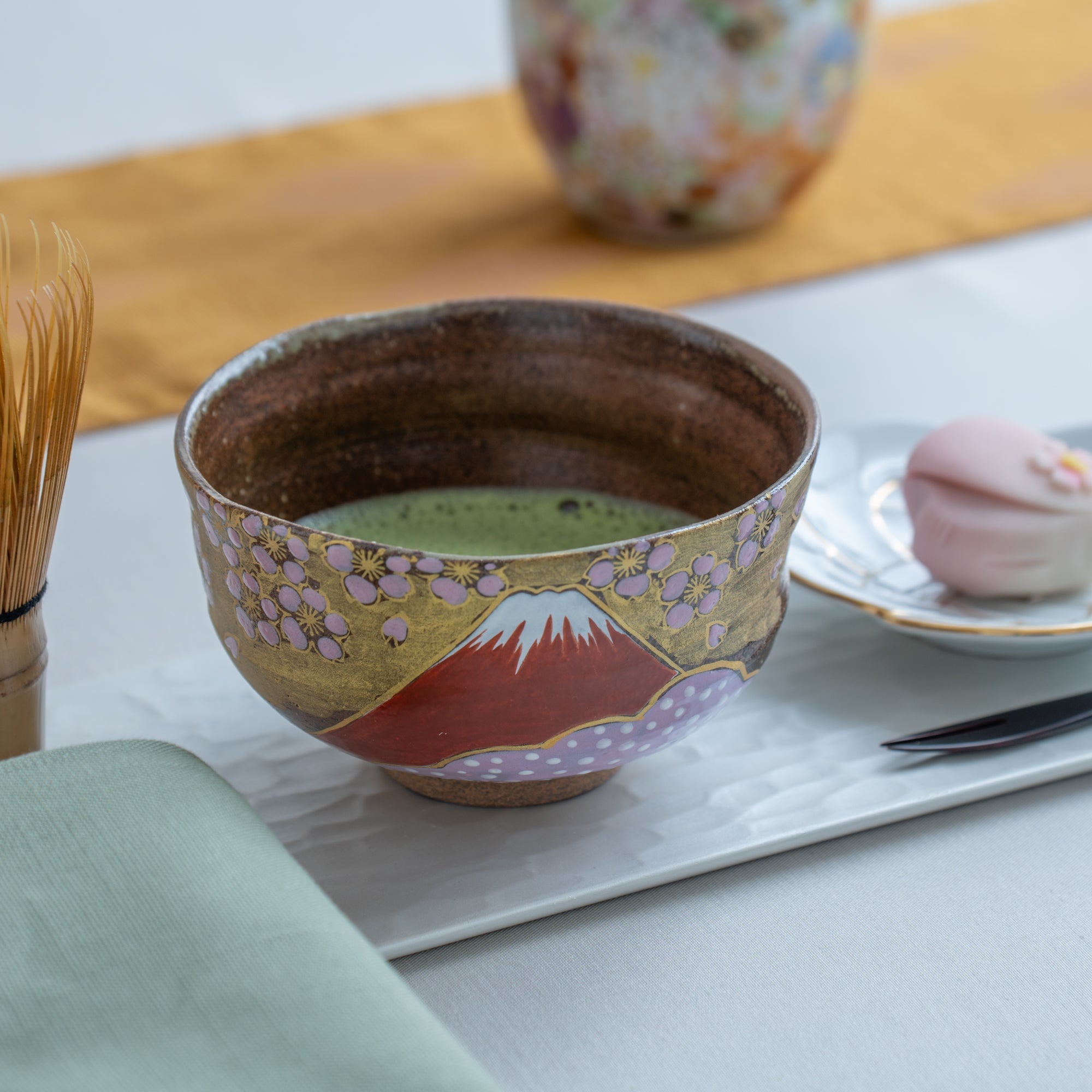 Sakura and Mt.Fuji Kutani Matcha Bowl Chawan - MUSUBI KILN - Quality Japanese Tableware and Gift