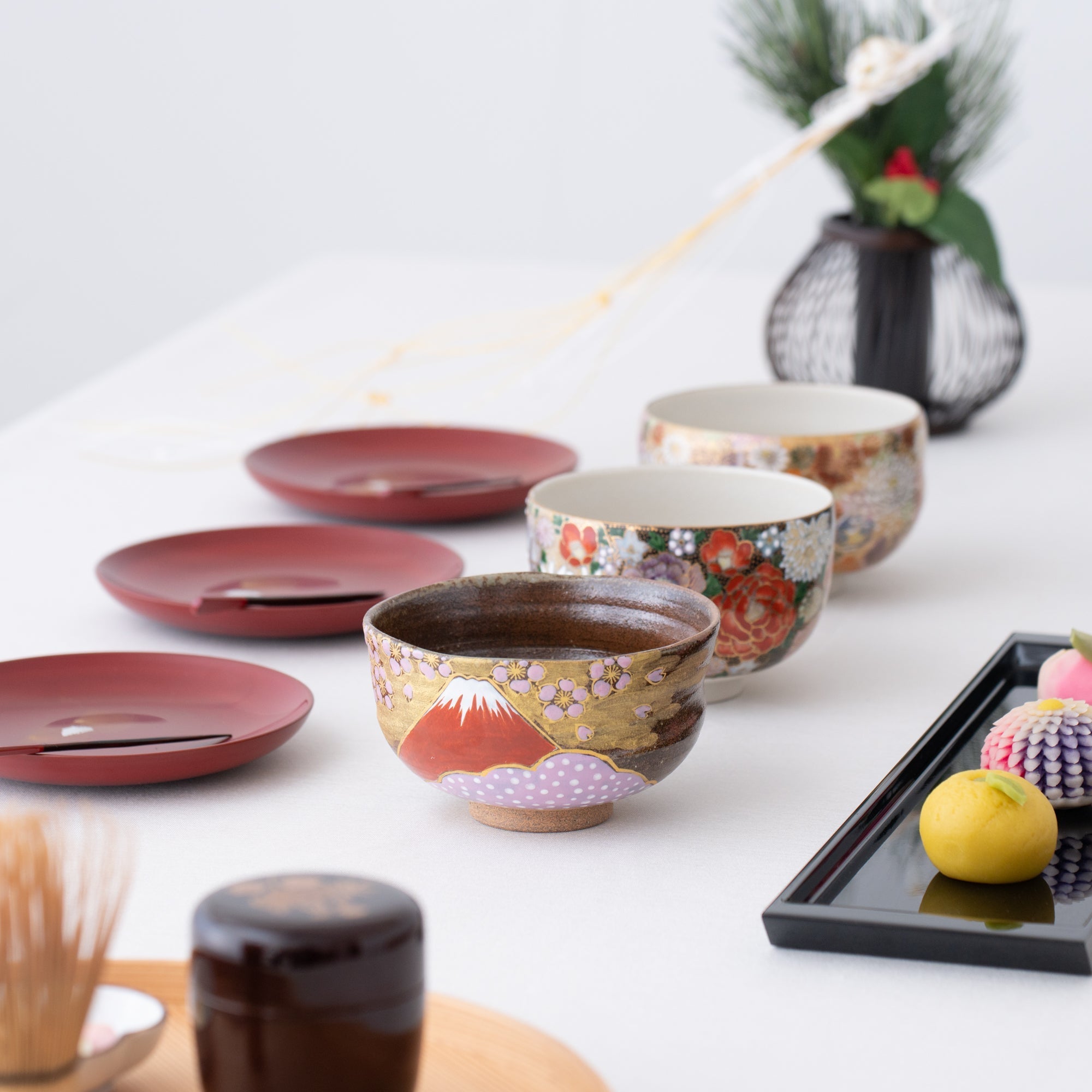 Sakura and Mt.Fuji Kutani Matcha Bowl Chawan - MUSUBI KILN - Quality Japanese Tableware and Gift