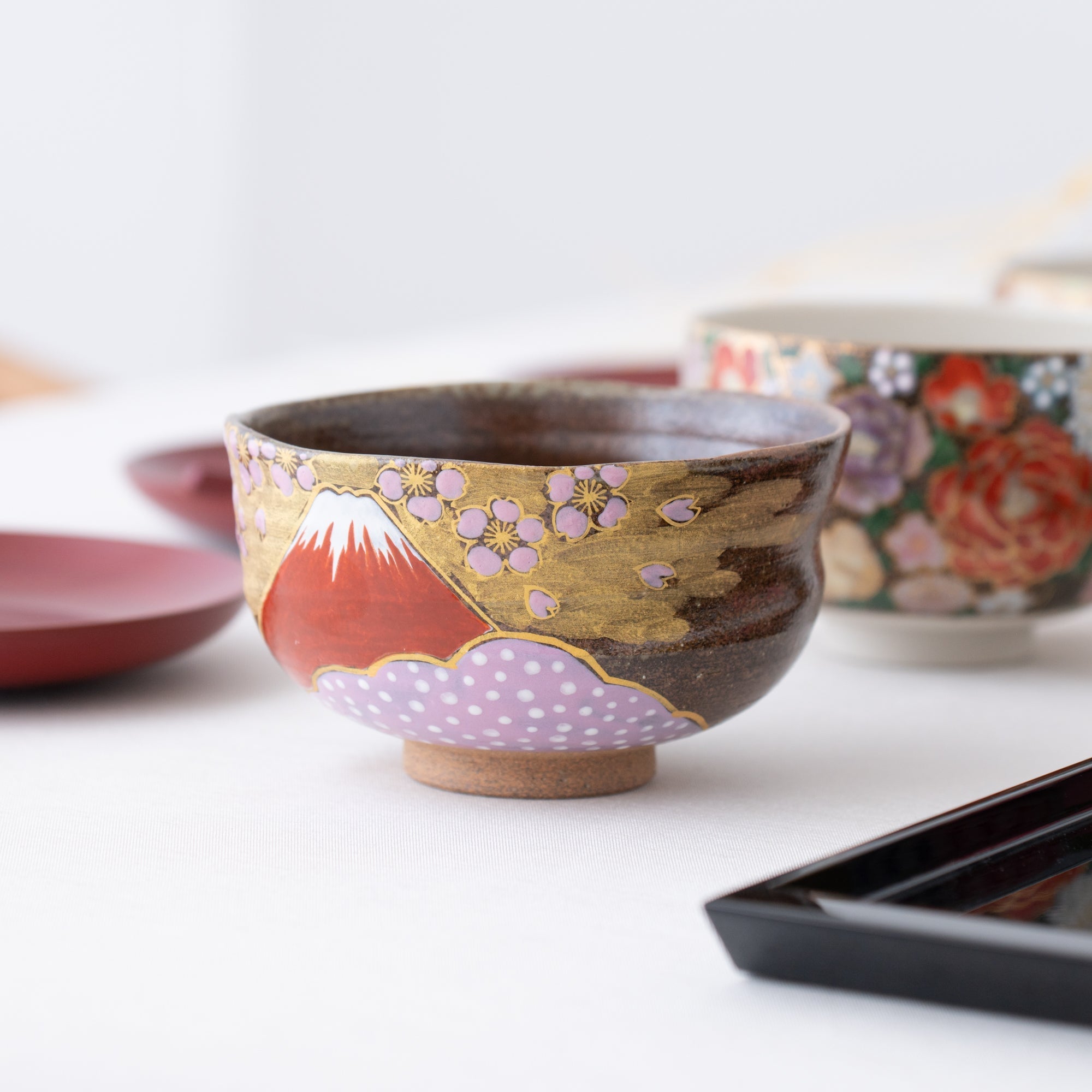 Sakura and Mt.Fuji Kutani Matcha Bowl Chawan - MUSUBI KILN - Quality Japanese Tableware and Gift