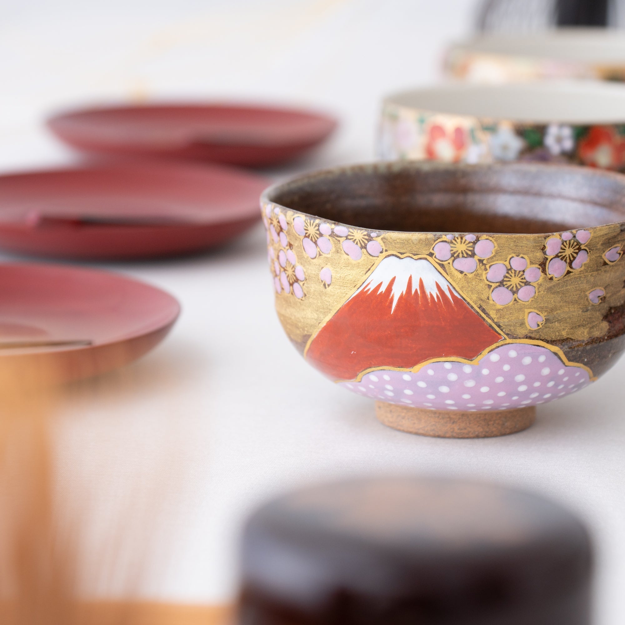 Sakura and Mt.Fuji Kutani Matcha Bowl Chawan - MUSUBI KILN - Quality Japanese Tableware and Gift