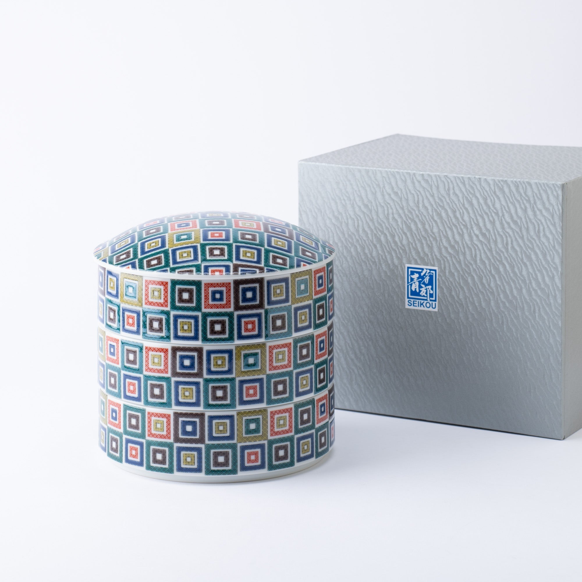 Seikou Kiln Color Tiles Kutani Three Tiers Jubako Bento Box - MUSUBI KILN - Quality Japanese Tableware and Gift