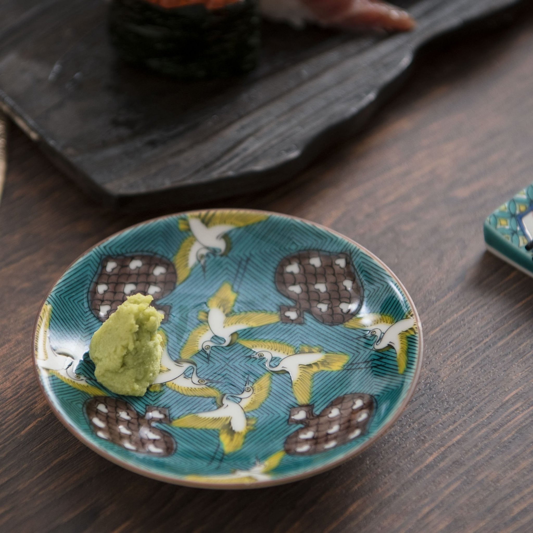Seikou Kiln Dancing Cranes Kutani Sauce Plate - MUSUBI KILN - Quality Japanese Tableware and Gift