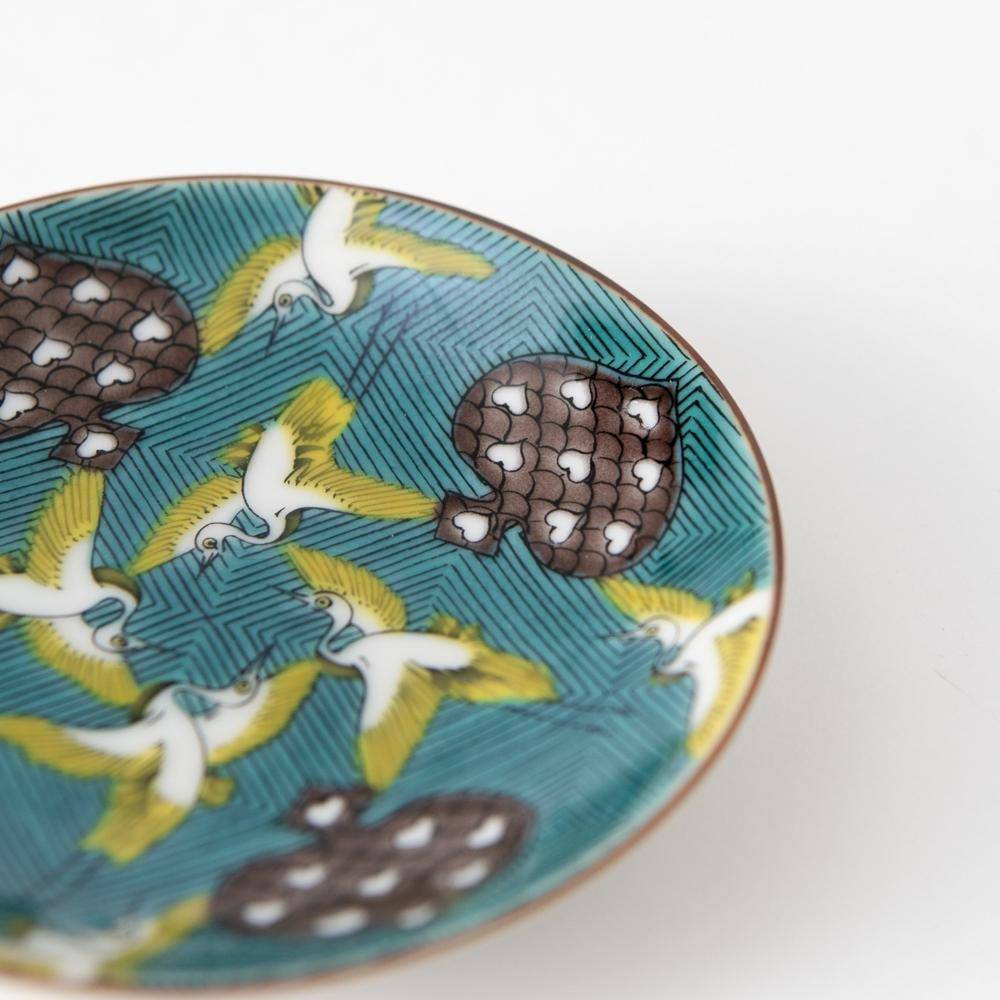 Seikou Kiln Dancing Cranes Kutani Sauce Plate - MUSUBI KILN - Quality Japanese Tableware and Gift