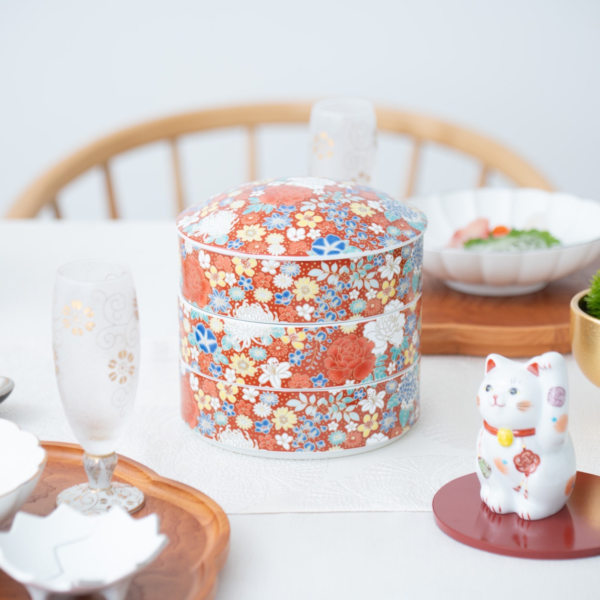 Seikou Kiln Red Hanazume Kutani Three Tiers Jubako Bento Box - MUSUBI KILN - Quality Japanese Tableware and Gift